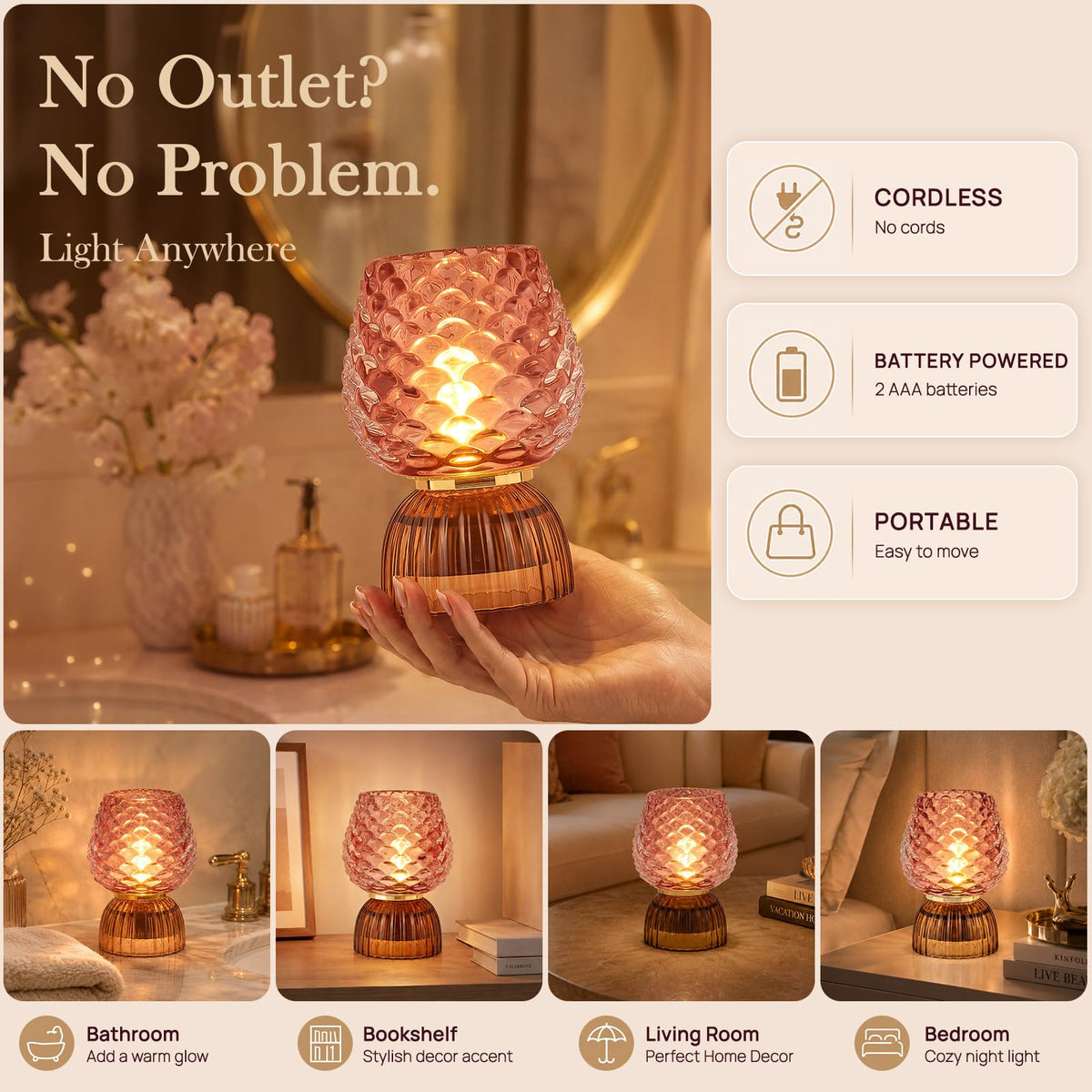 Small Battery Operated Lamp with Timer Pinecone Pink - SisiHokai Official Imagery - 4