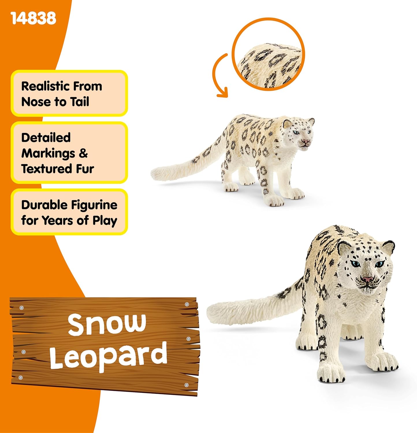 Elefair Schleich Wild Life Snow Leopard figurine, intricately painted, highly detailed realistic wild animal toy for kids aged 3+
