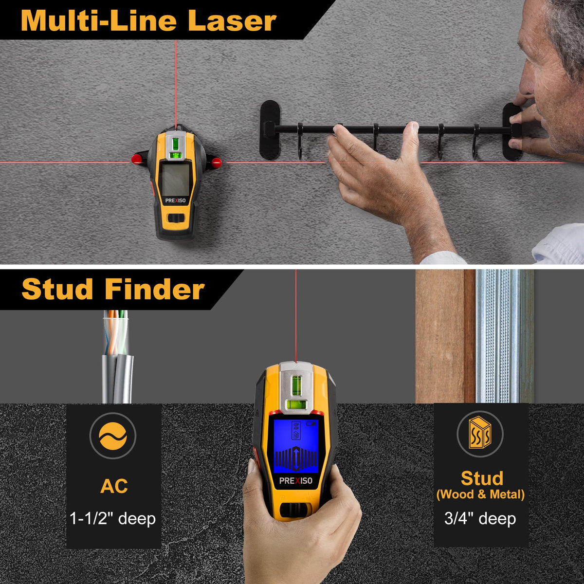 PREXISO 2 in 1 Stud Finder with Laser Level Rechargeable - Prexiso Official Imagery - 3