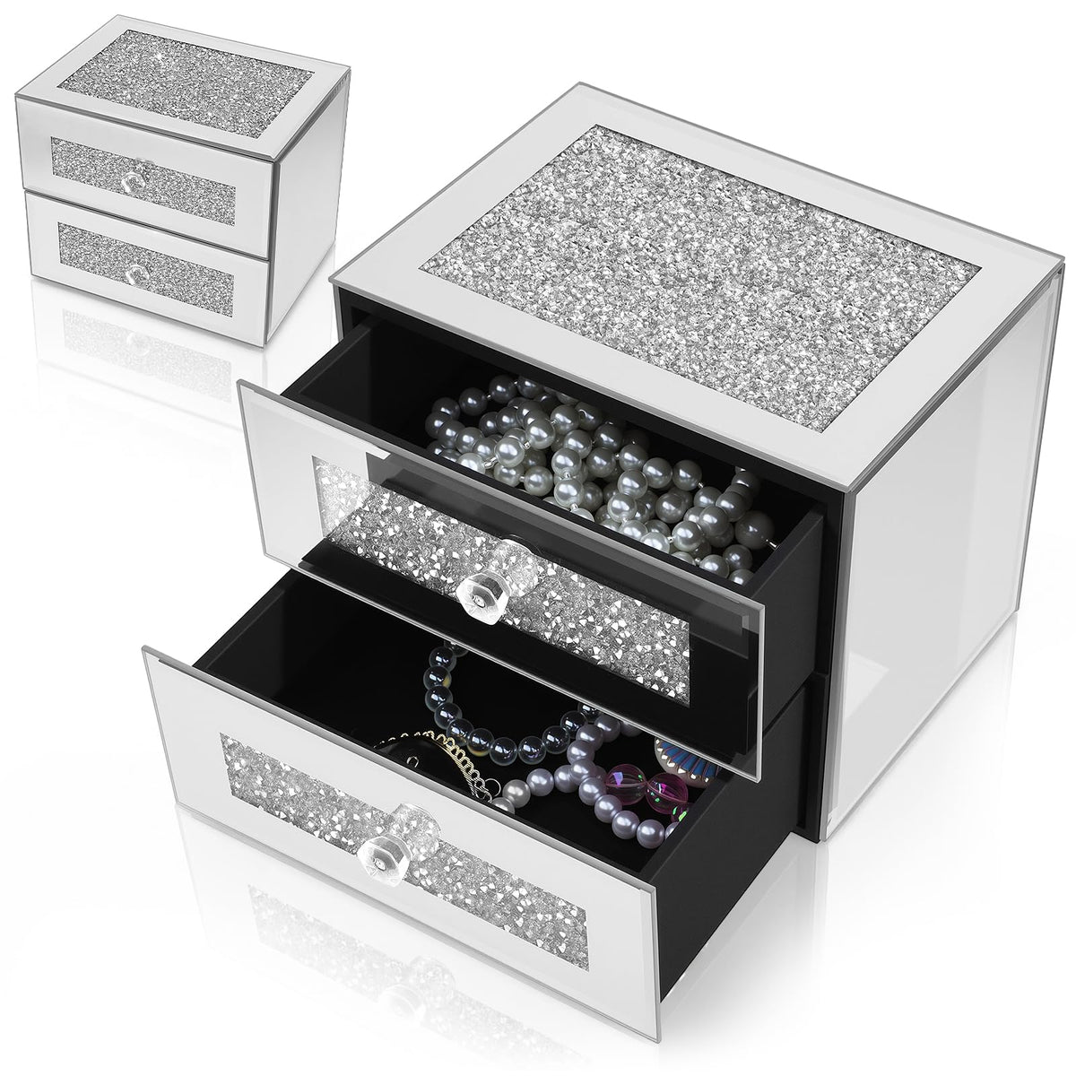 Kenning Wedding Silver Mirrored Jewelry Box 2 Layer Glass - Kenning Official Imagery - 1
