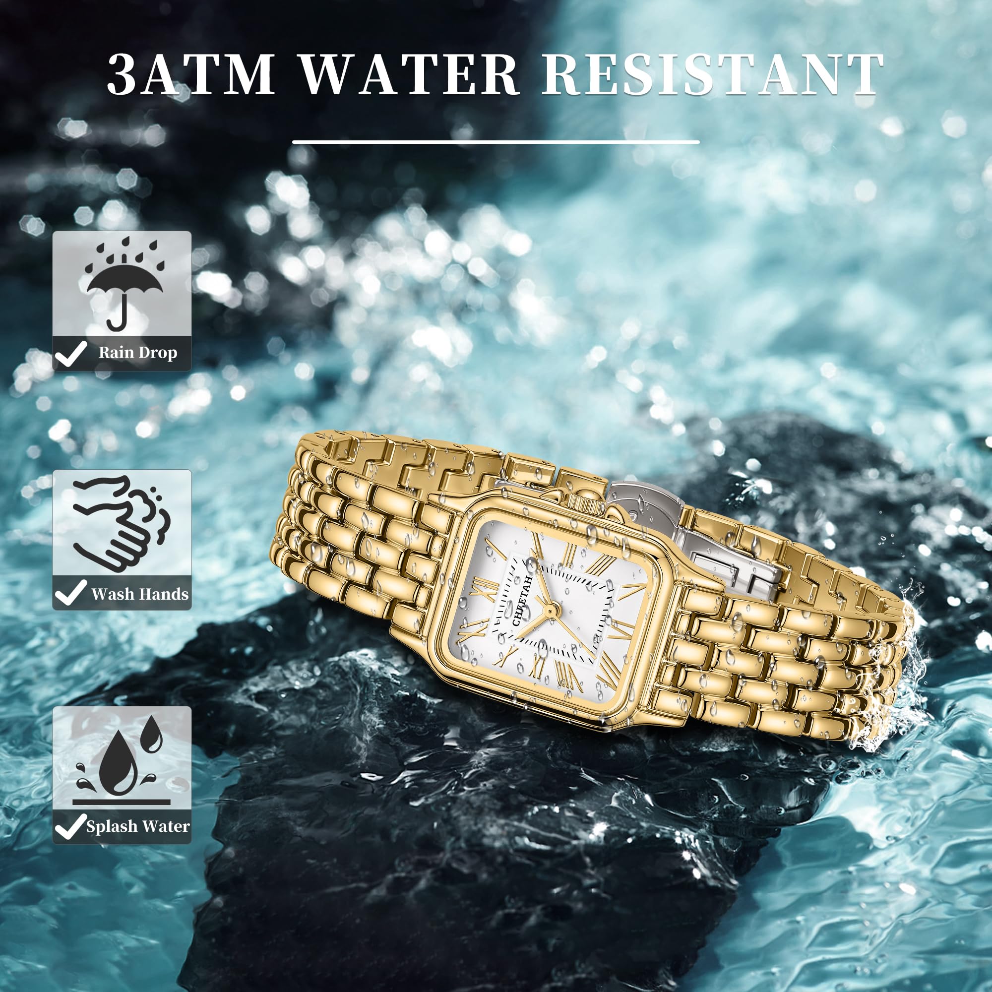 CHEETAH Gold Watches for Women with Vintage Rectangular Case,26mm Case Diameter,Gold Roman Numerals,Metal Steel Band,3ATM Waterproof