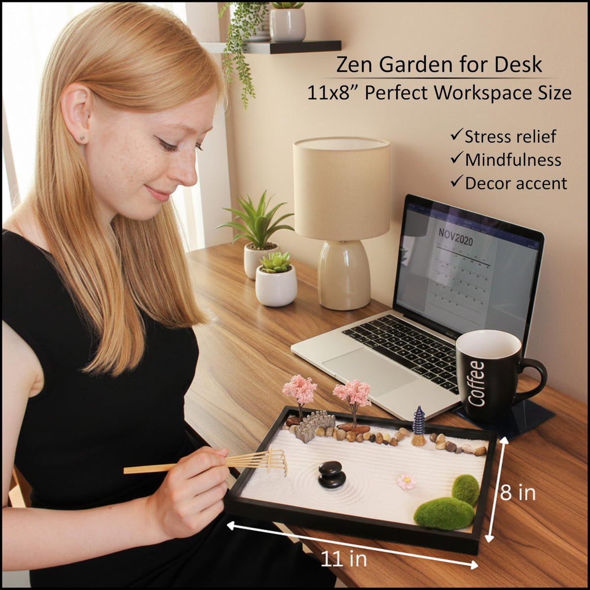 Zen Garden Kit for Desk Mini Zen Garden 11x8in Decor - Island Falls Home Official Imagery - 5