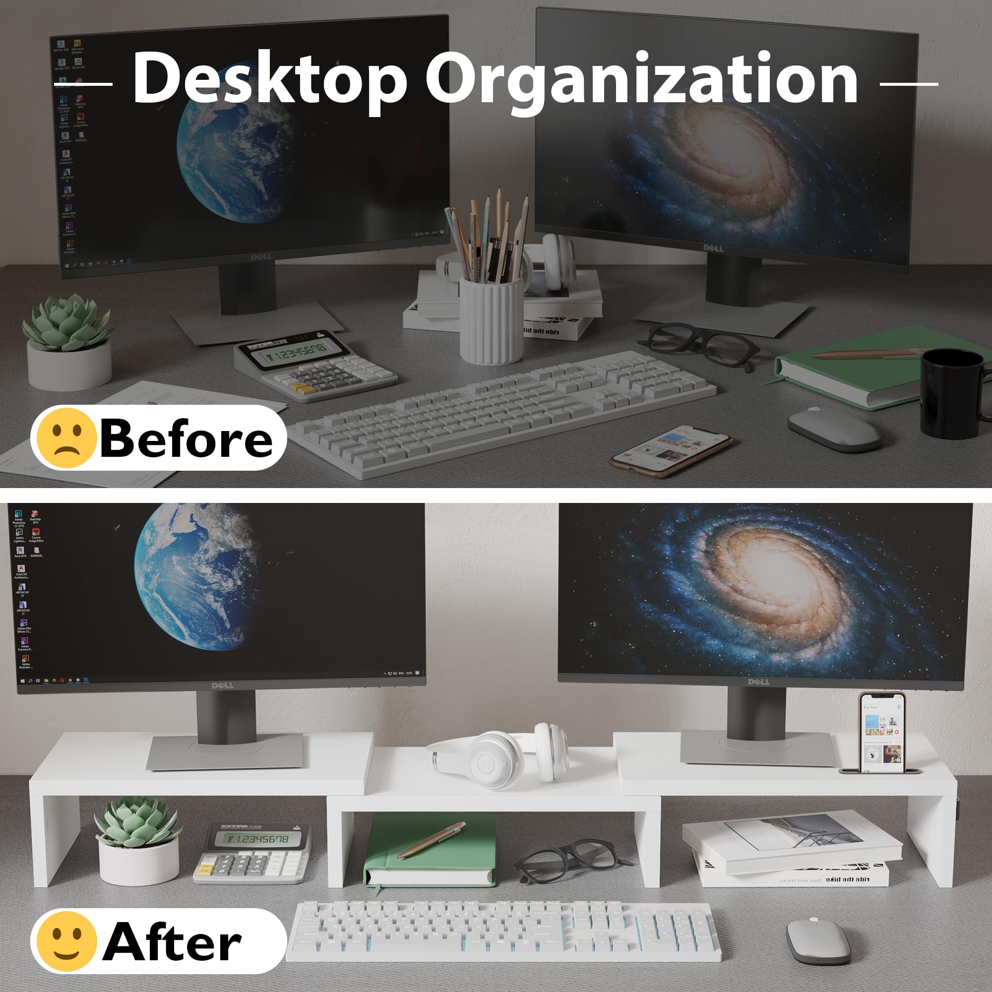 BONTEC dual monitor stand riser in white with adjustable length and swivel angle, providing ergonomic support for two monitors.