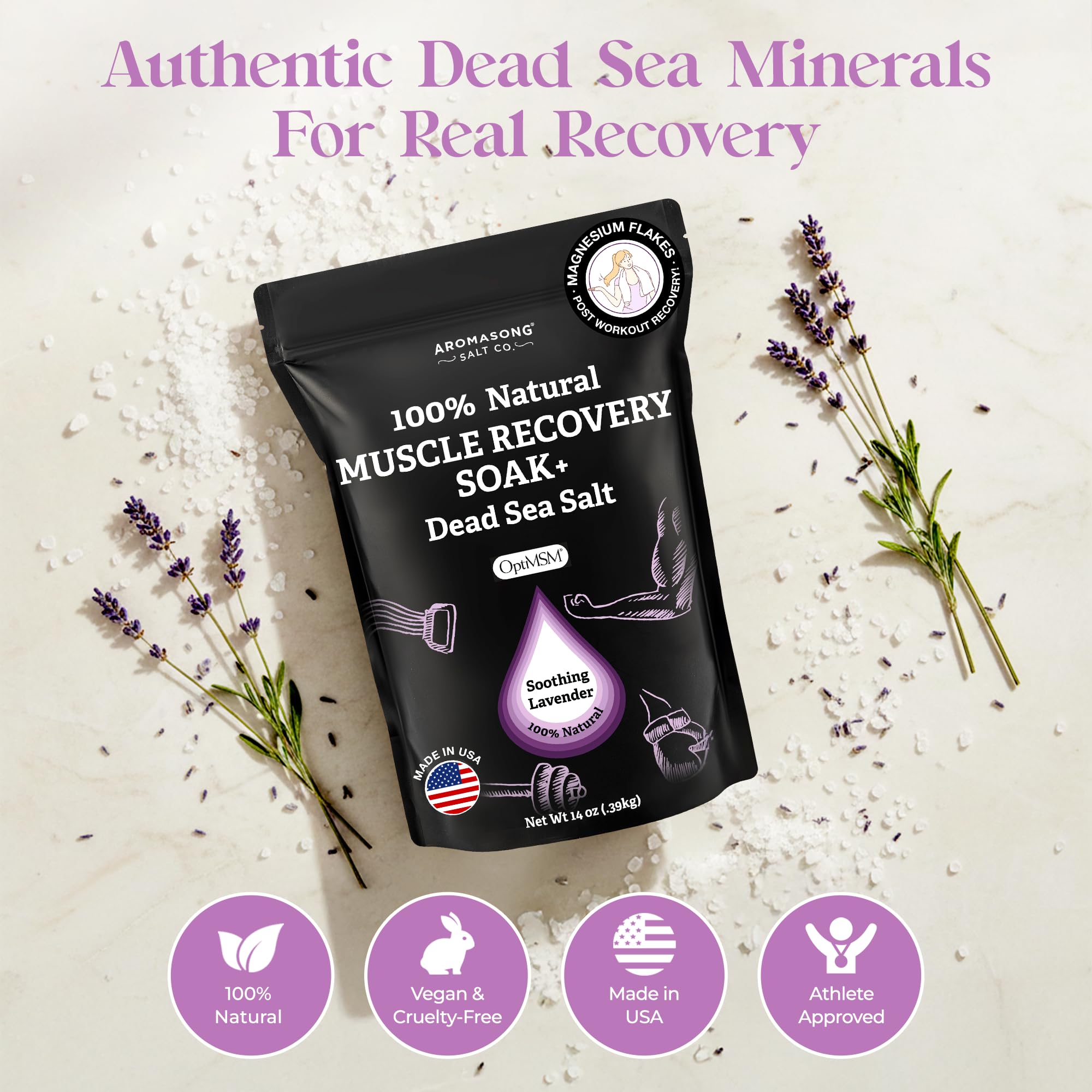 Aromasong Muscle Recovery Bath Soak for Muscle | Sore Muscle Soak with Dead Sea Salt, OptiMSM, Magnesium Flakes & Essential Oils | 3 Lb. - Made in USA.