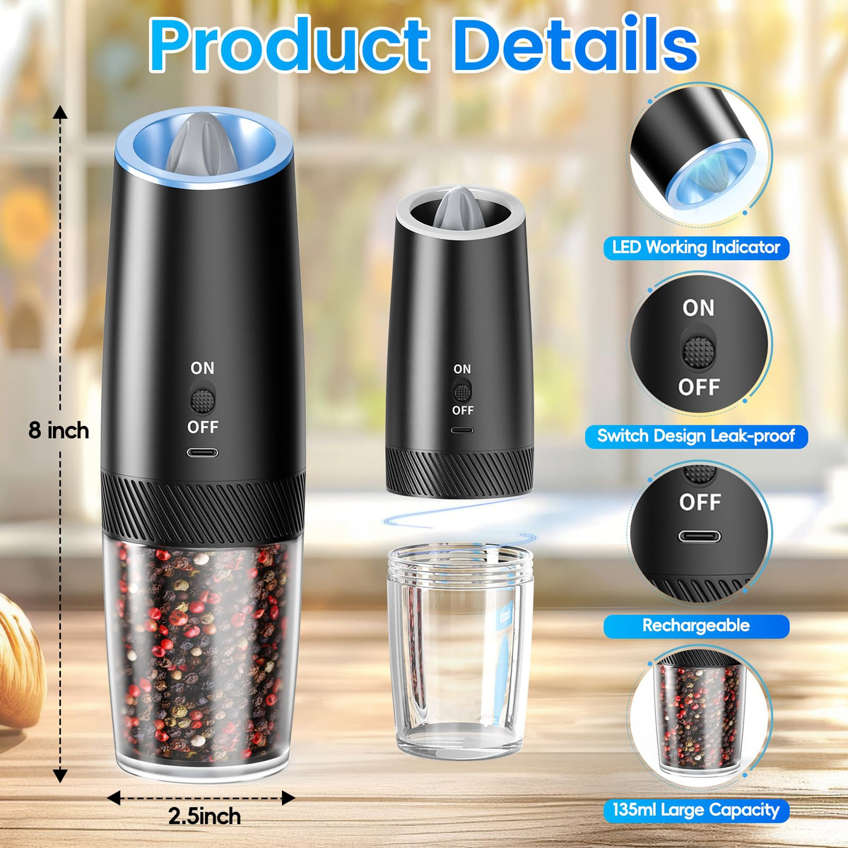 MealHelper Rechargeable Gravity Electric Salt and Pepper - MealHelper Official Imagery - 3