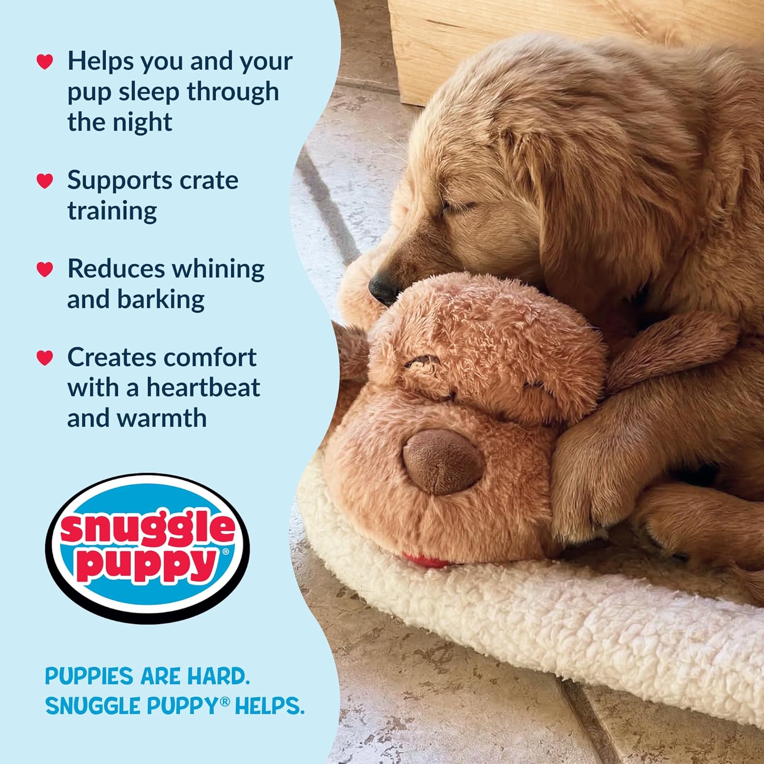 Snuggle Puppy plush dog toy with heartbeat and heat pack, designed to comfort puppies with real-feel pulse and soft plush fabric.