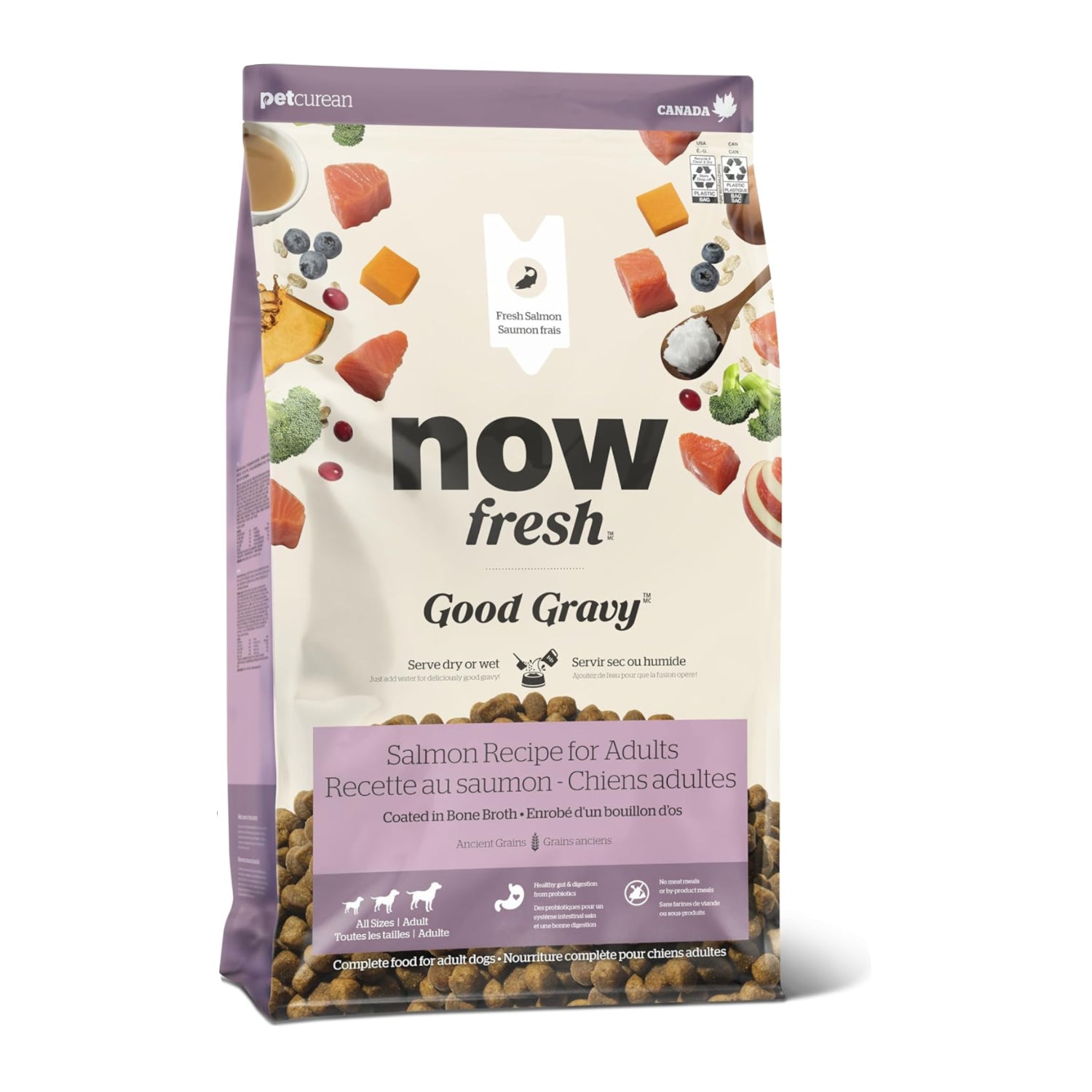 Now Fresh Good Gravy dry dog food with salmon, bone broth coated kibble in a 3.5 lb bag, showing the coated kibble pieces.