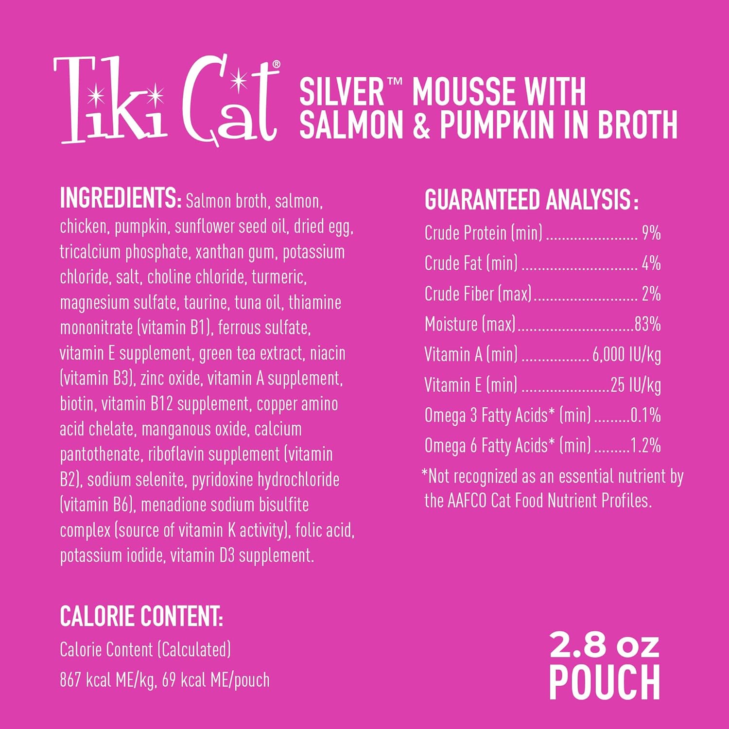 Tiki Cat Silver Mousse with salmon and pumpkin in broth, silky smooth nutrient-rich cat food in a can.
