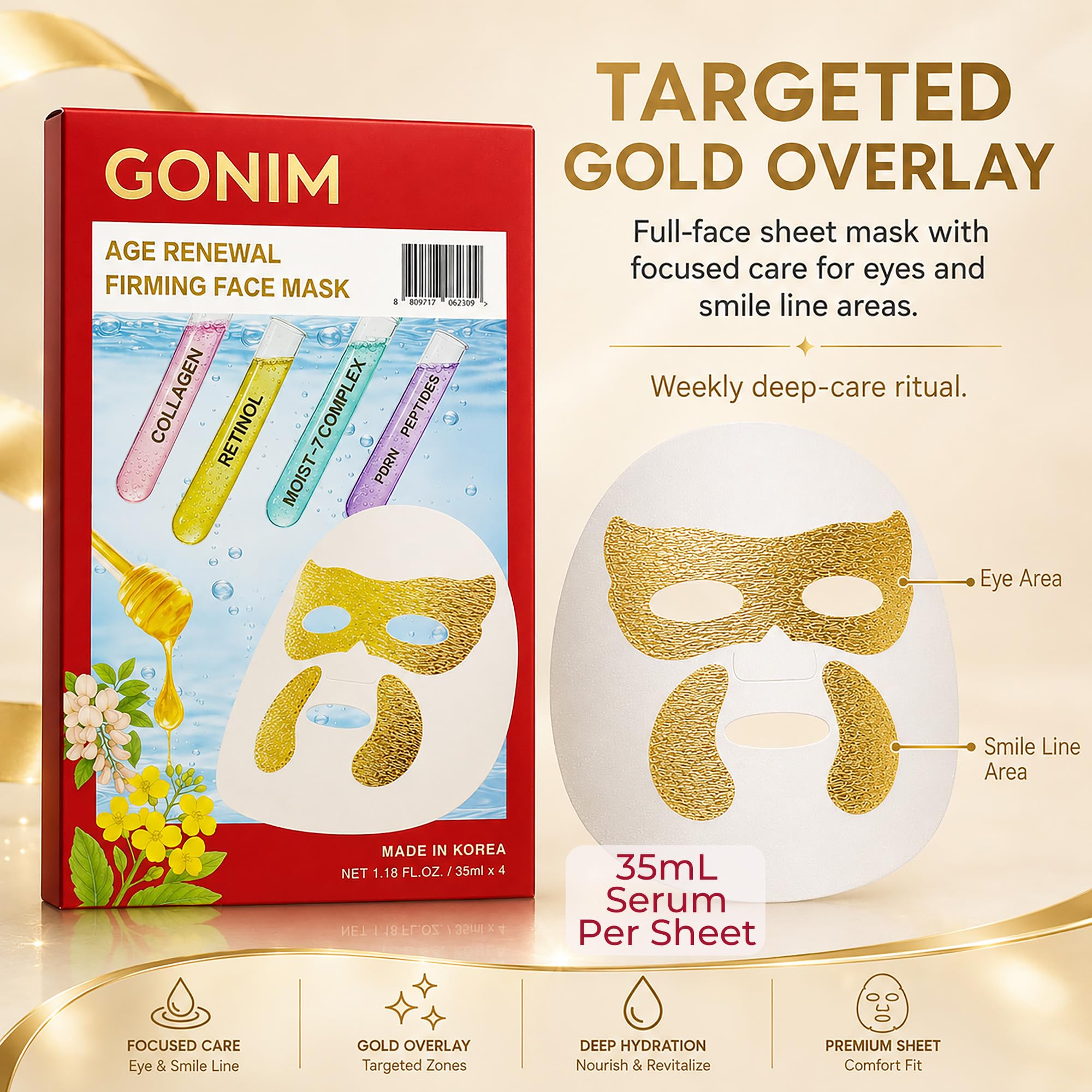 Korean Collagen Face Mask with Integrated Eye Patches, Anti Aging - GONIM