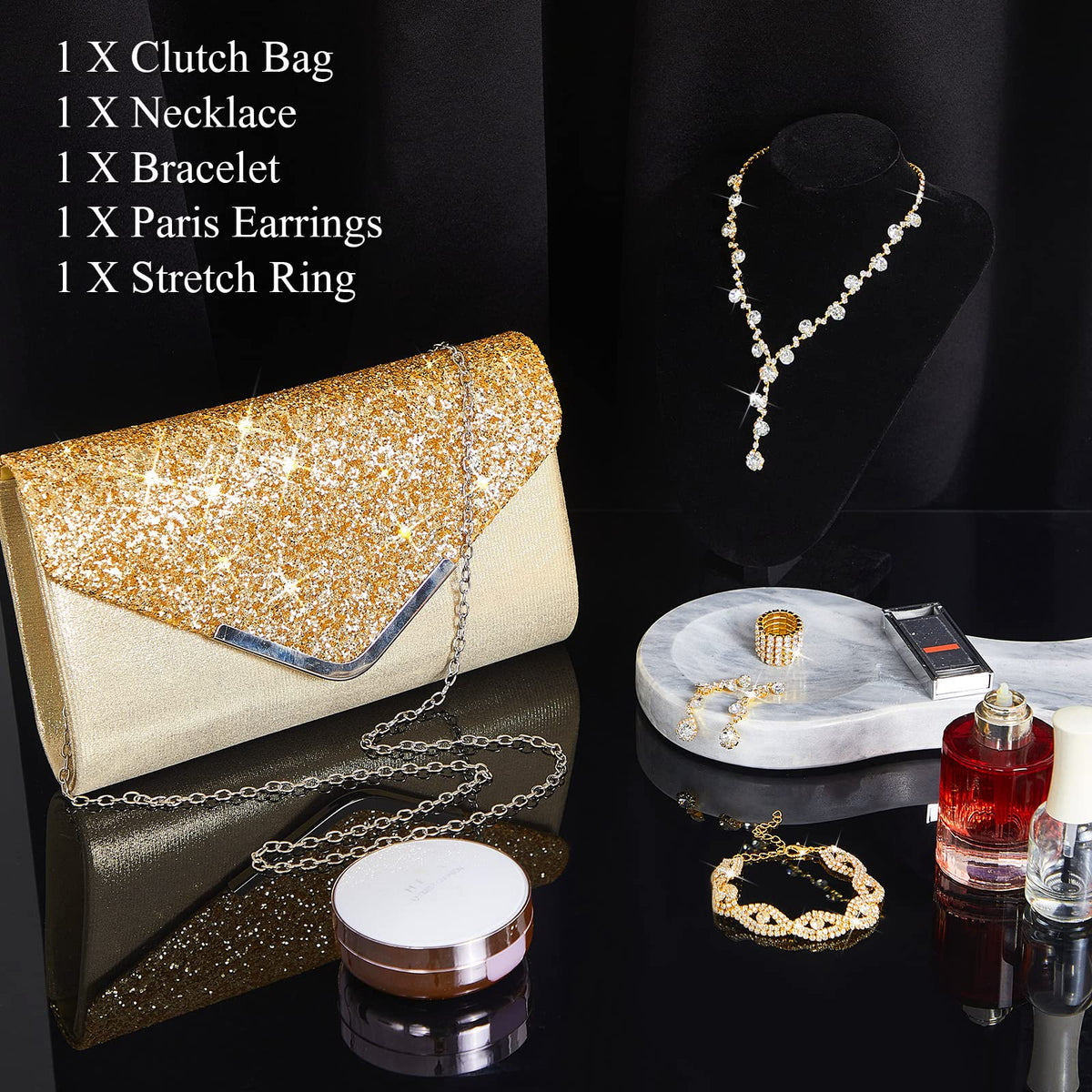 5 Pcs Jewelry Set Rhinestone Clutch Purse for Prom - Henoyso Official Imagery - 5