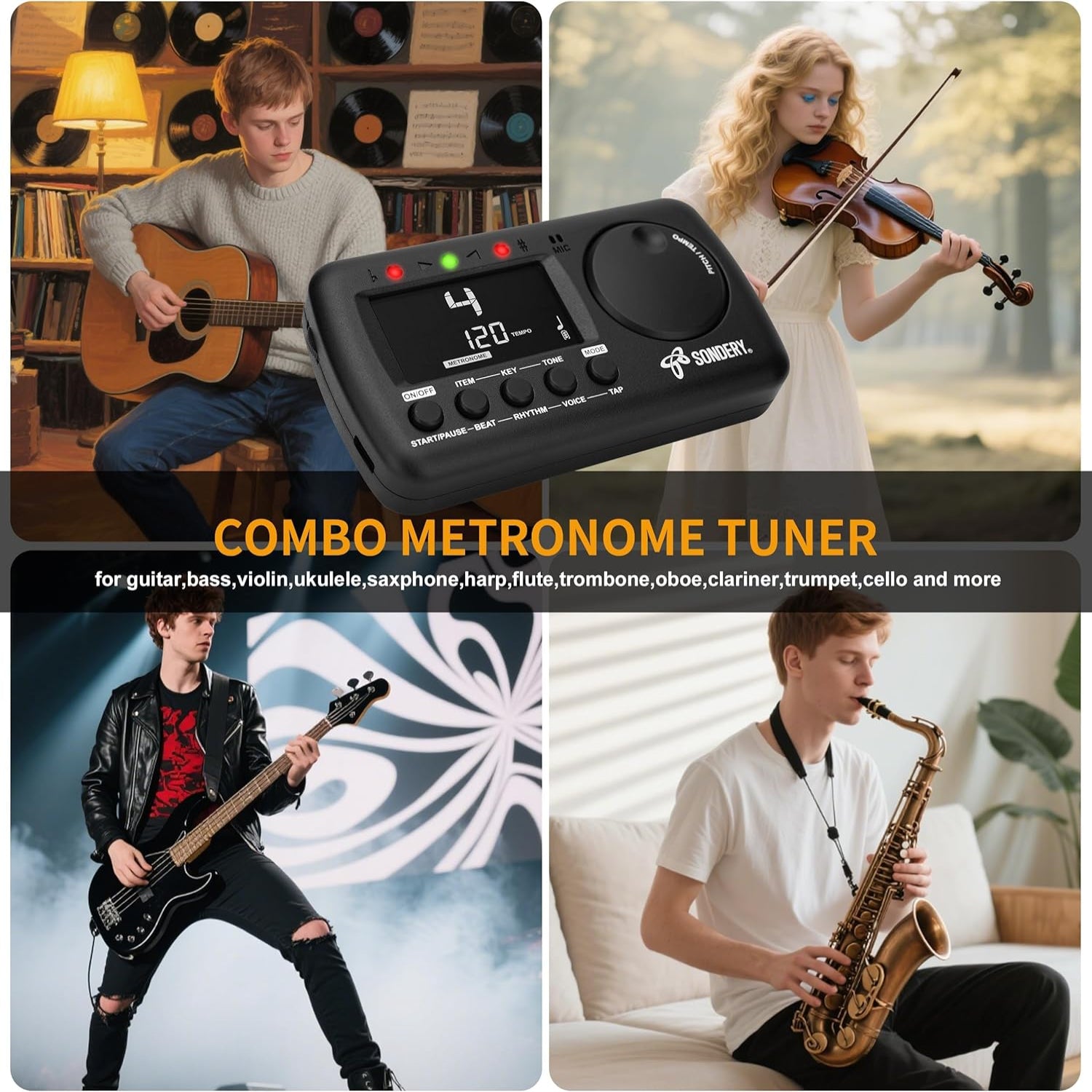 Sondery 3-in-1 digital metronome and tuner device with rechargeable battery, suitable for all musical instruments, black and compact design