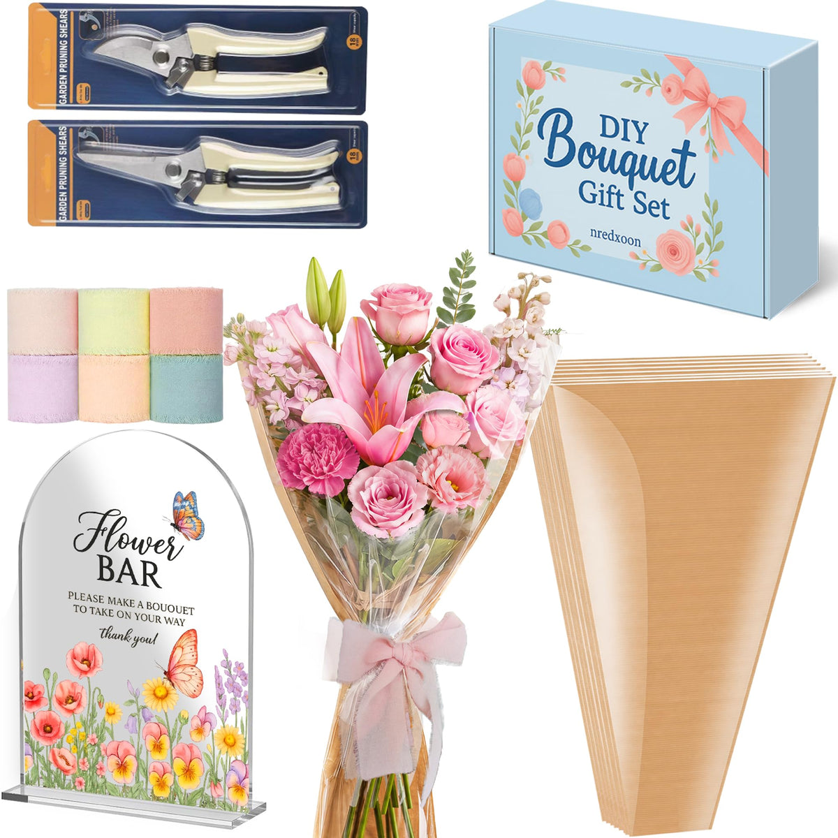 57Pcs Flower Bar Supplies Kit w Waterproof Kraft Boquet Bags - NREDXOON Official Imagery - 8
