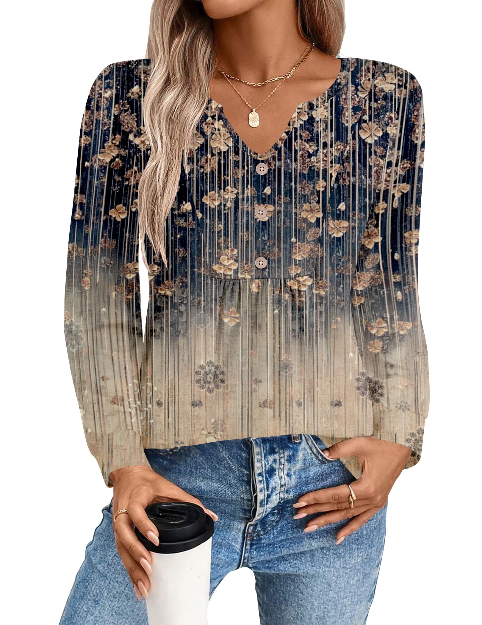 Zeagoo Womens Long Sleeve Tops Fall V Neck Shirt Casual Pleated - Product Imagery