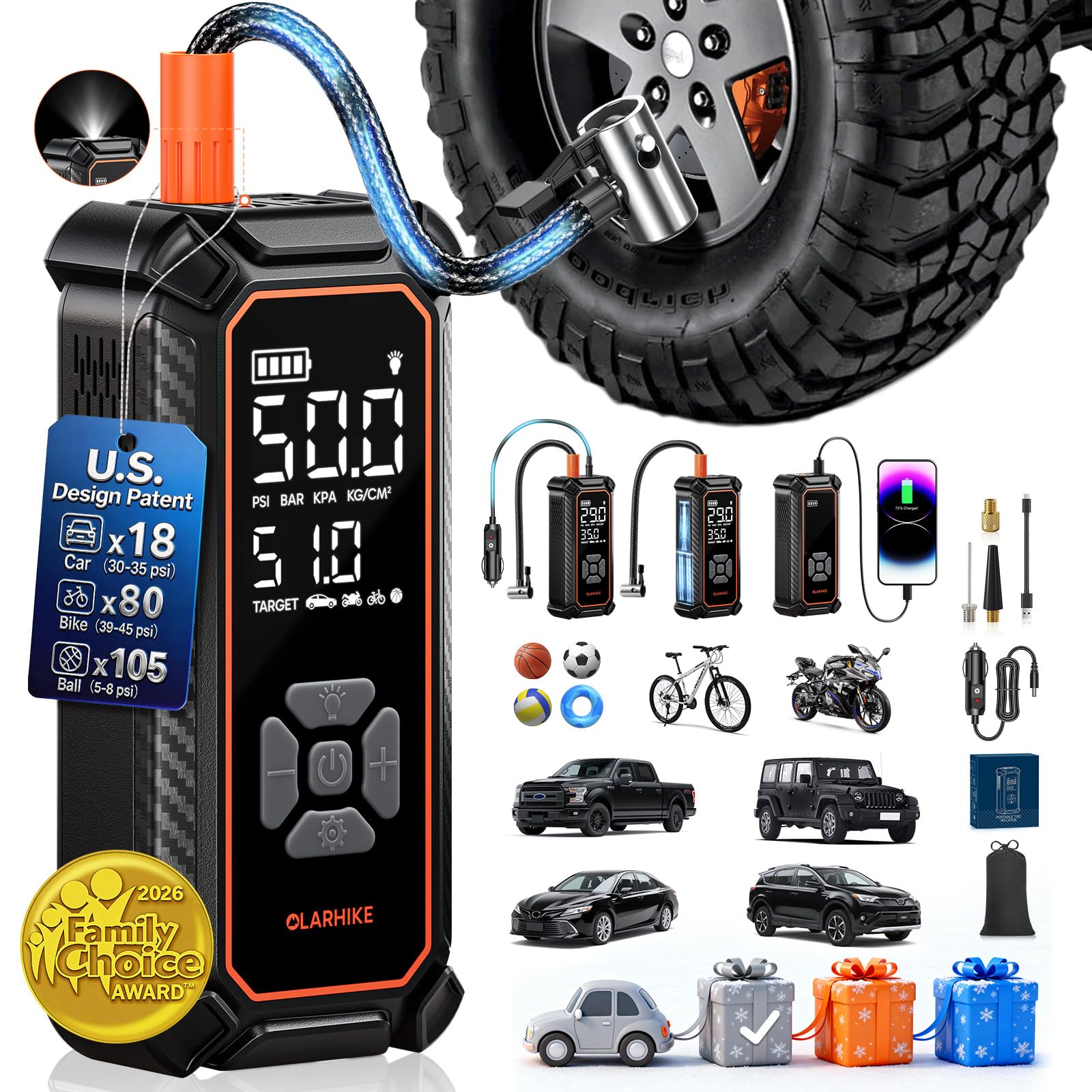 OlarHike Tire Inflator Portable Air Compressor, Dual Power-3 * 20 - OlarHike Official Product View 1