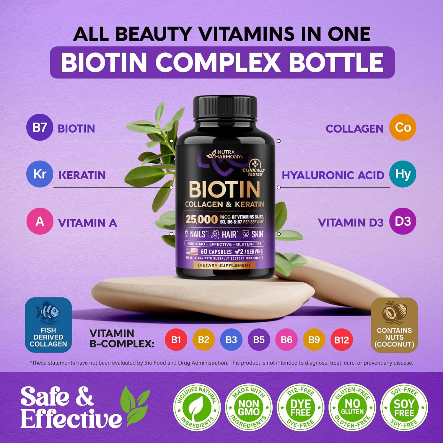 NUTRAHARMONY Biotin, Collagen, Hyaluronic Acid, and Keratin supplement for normal hair growth, shown in a bottle with capsules.
