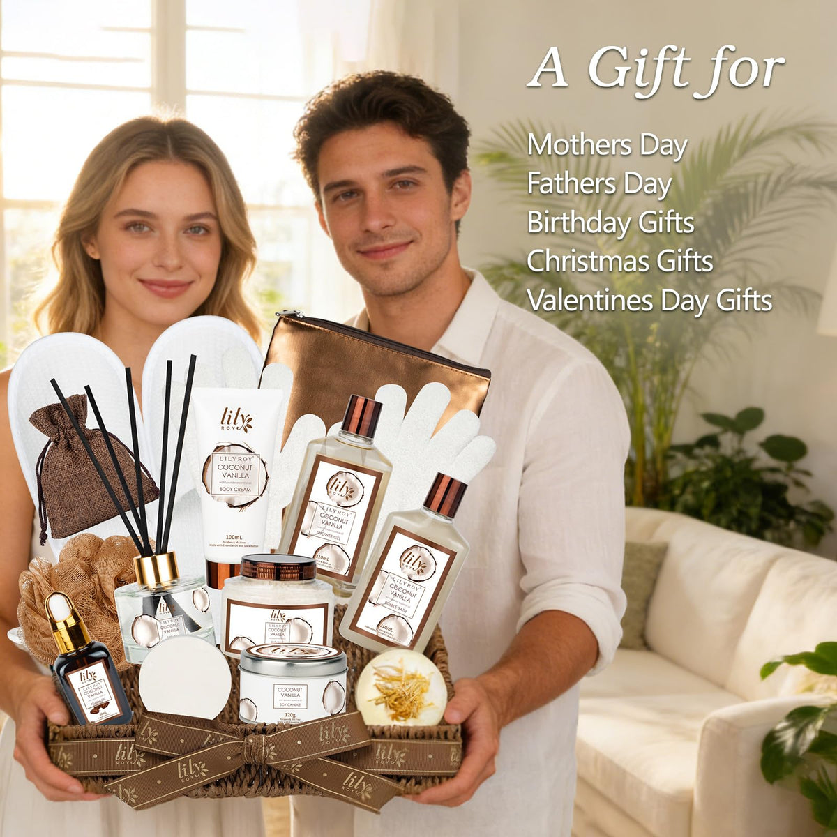 Coconut Vanilla Spa Gift Set Complete Spa Gift Baskets for - LILY ROY Official Product Imagery - 3