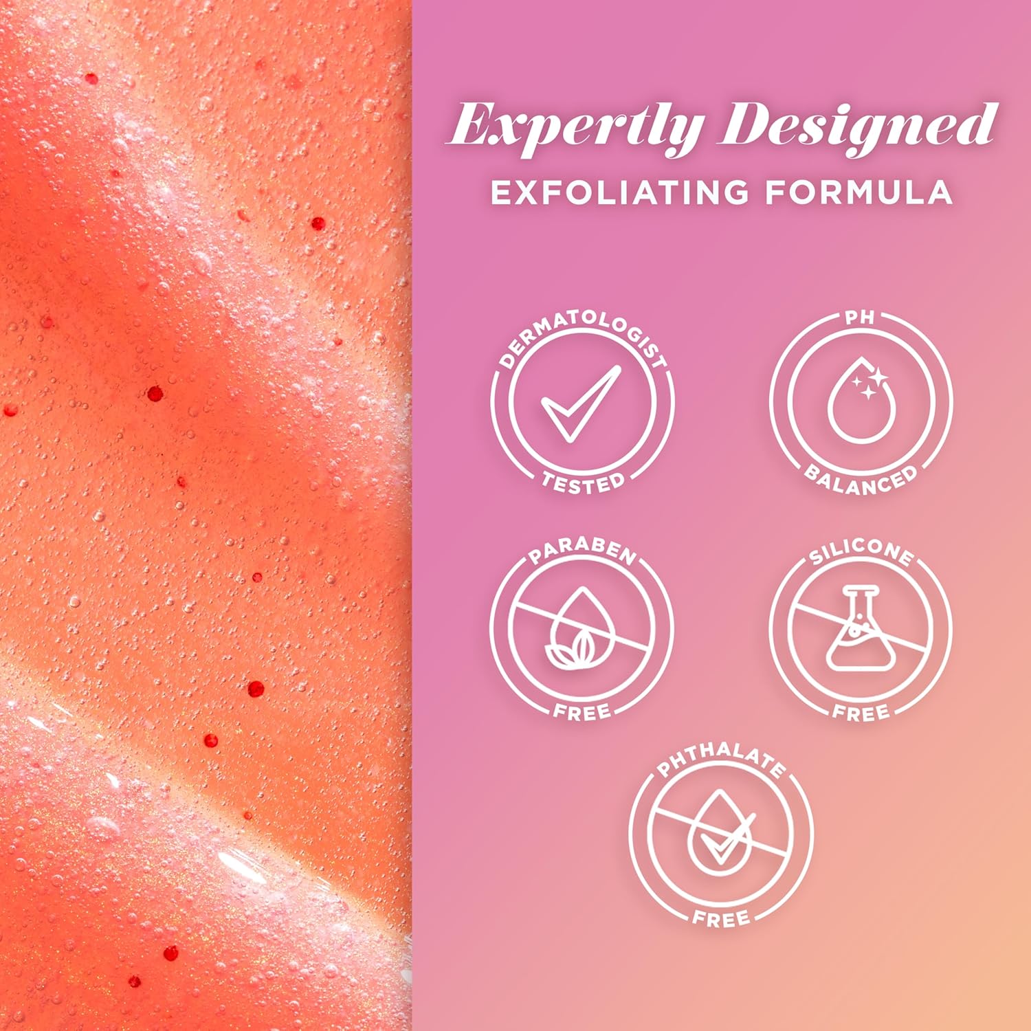 Caress Tahitian Pomegranate and Coconut Milk exfoliating body wash with natural fruit and milk ingredients, in a clear bottle.
