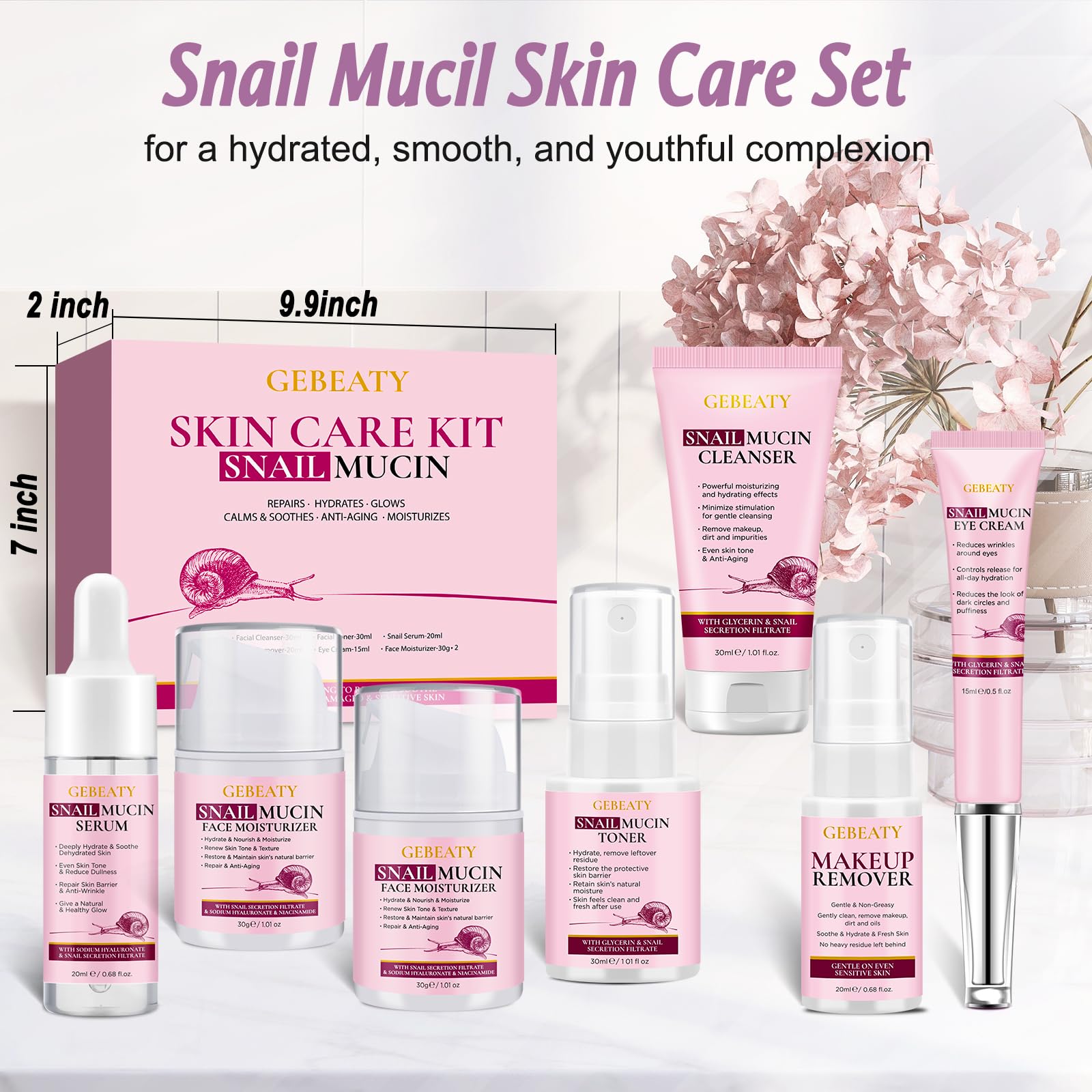 Skin Care Set, 7-Piece Hydrating &amp; Repairing Snail Mucin - GEBEATY
