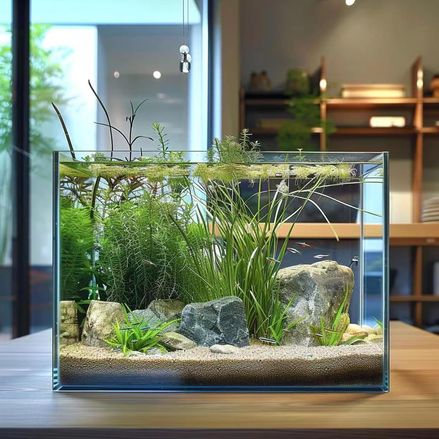 Vimvins 5-gallon glass fish tank with aquatic plants, suitable for bettas, goldfish, snails, and shrimp, easy to maintain.