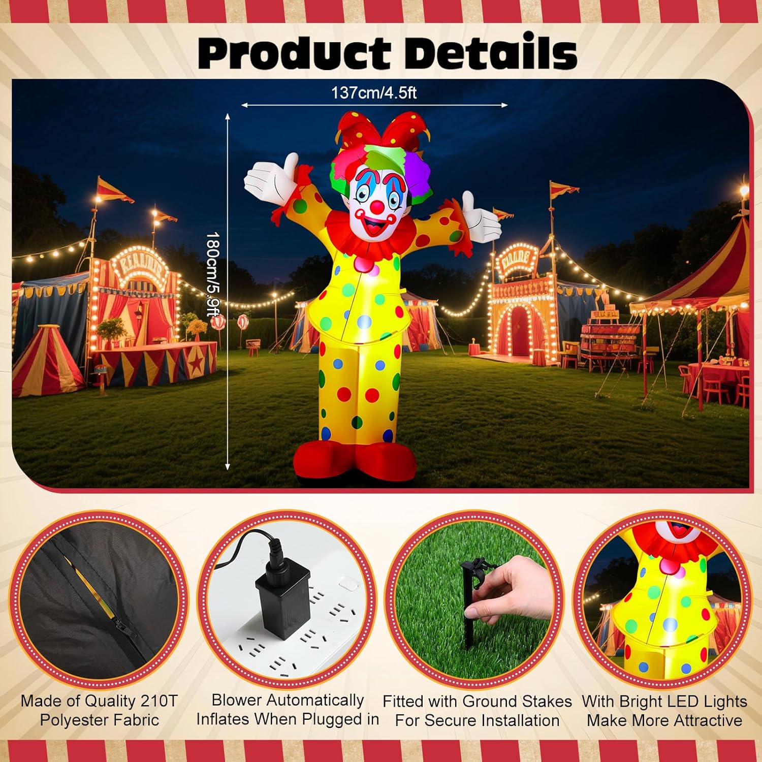 Capoda 5.9 ft Clown Inflatable Life Size Inflatable Carnival Decorations Circus Clown