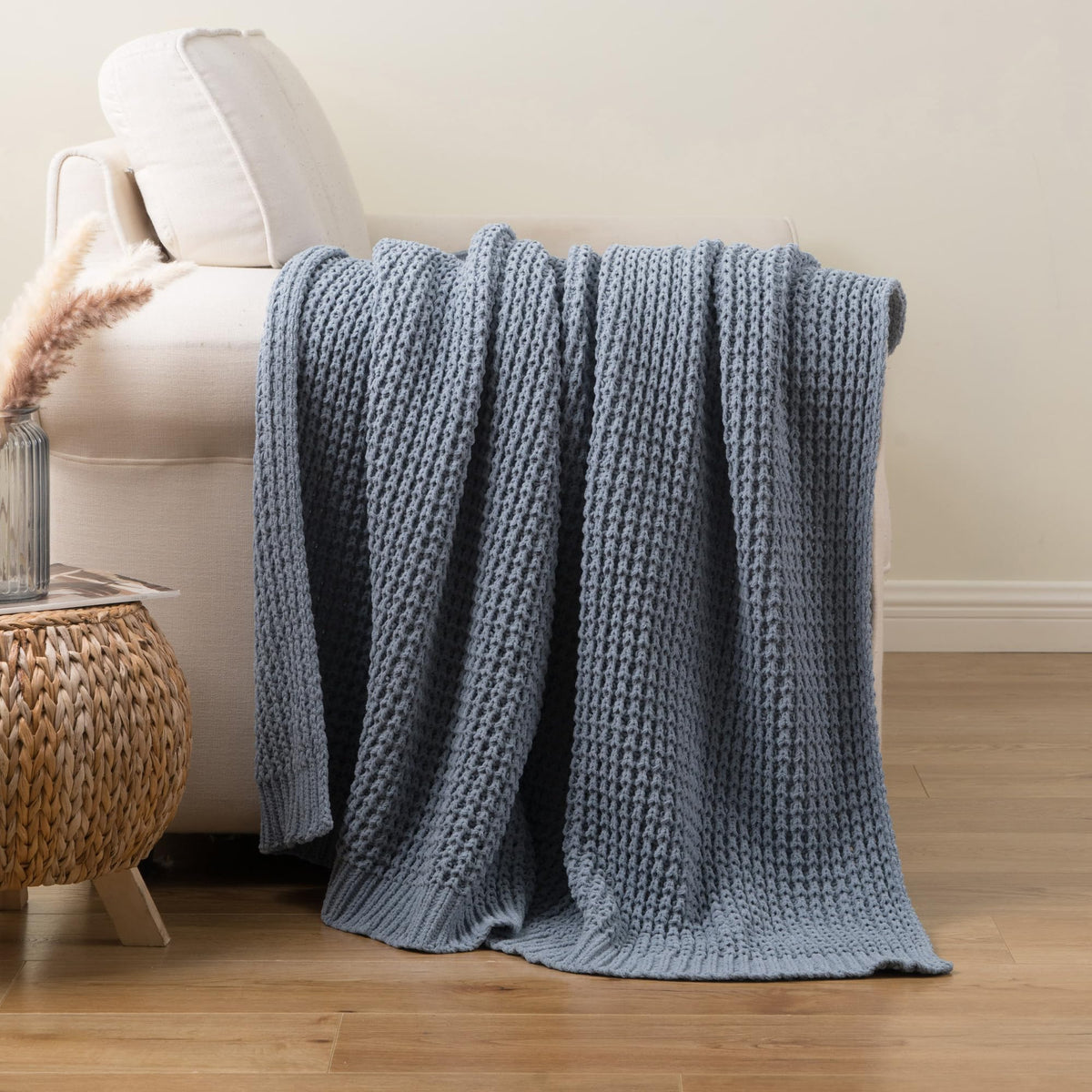 Blue Grey Throw Blanket for Couch Waffle Knitted Throw - Bunnikins & Clover Official Imagery - 4