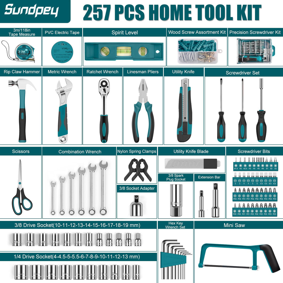 Sundpey 257 Pcs Portable General Basic Hand Tool Kit Set for - Sundpey Official Imagery - 3