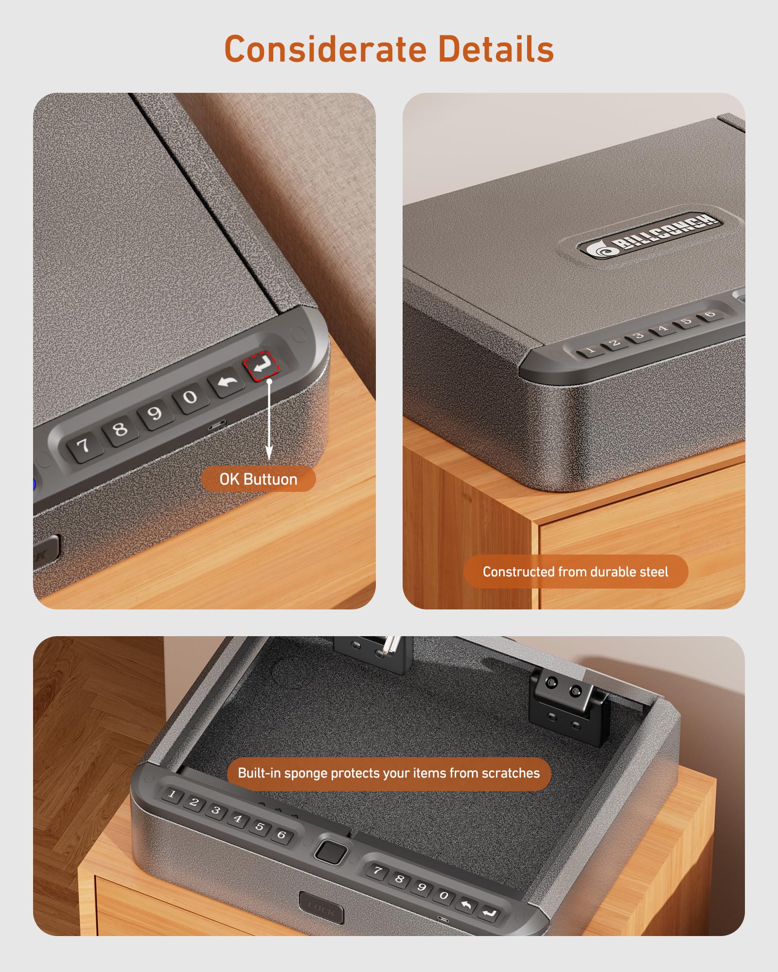 BILLCONCH Gun Safe for Handgun with Fingerprint, App, 0–9 Numeric Keypad - BILLCONCH Official Product View 8