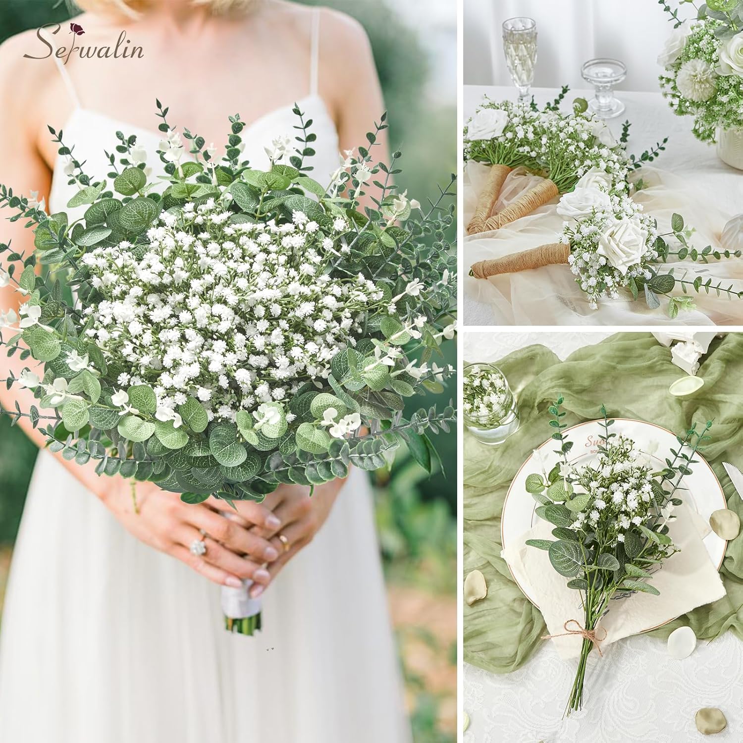 Serwalin 100-pack mixed artificial eucalyptus stems with baby's breath flowers, realistic faux floral arrangement for home decor