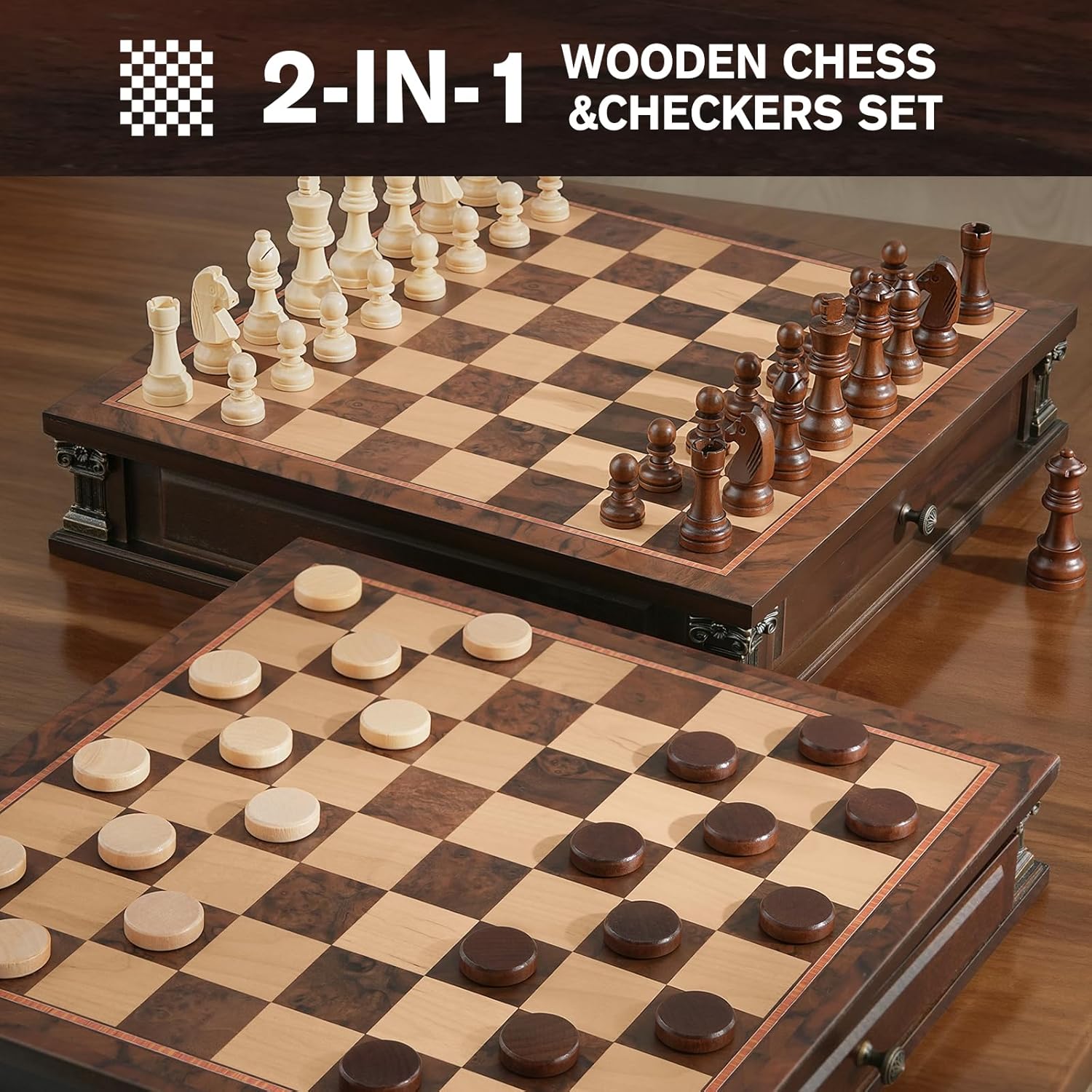 Peradix magnetic wooden chess set with 15-inch board and two built-in storage drawers, featuring magnetic chess pieces.