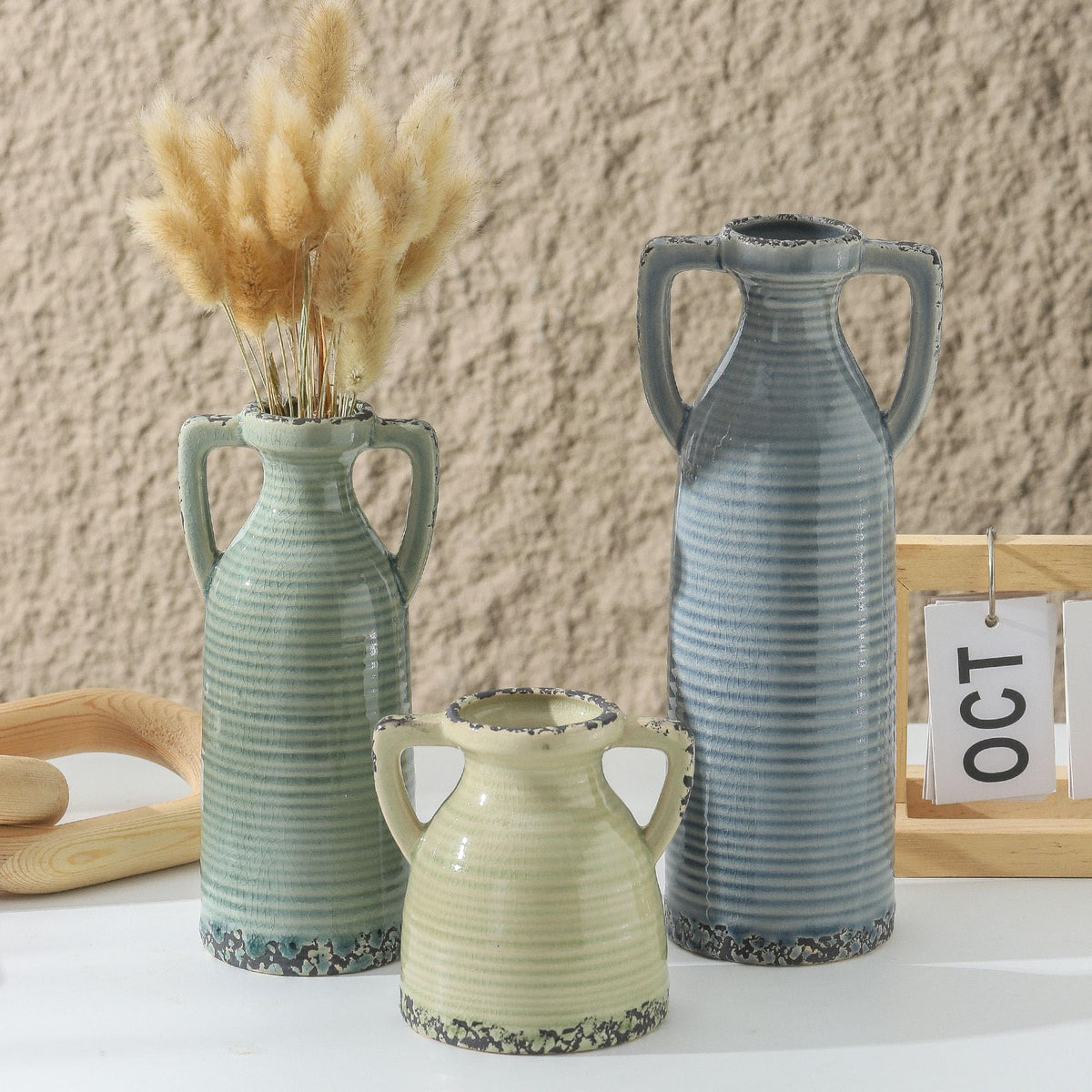 Ceramic Vase Set of 3 Rustic Crackle Farmhouse Vases for - Lyeec Official Imagery - 7