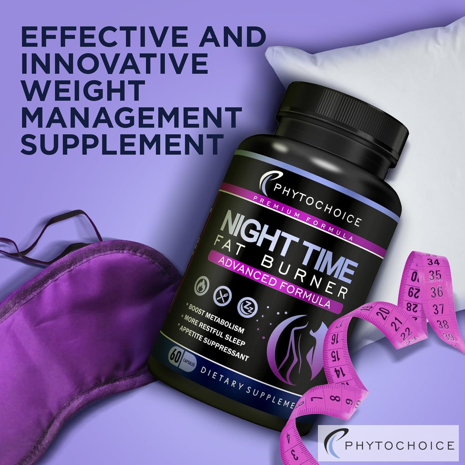 Night Time Fat Burner diet pills with magnesium and melatonin by PHYTOCHOICE, 60 capsules for women and men, for weight loss assistance.