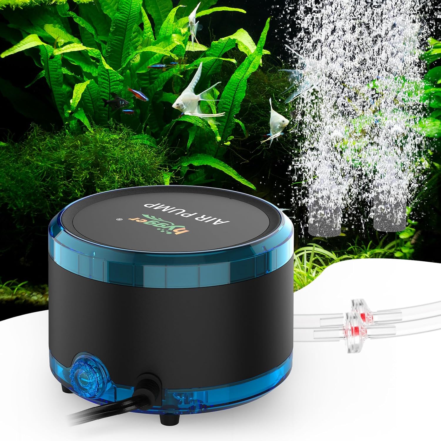 hygger aquarium air pump with dual outlets, quiet and powerful fish tank aerator, adjustable oxygen pump, 4W or 8W model
