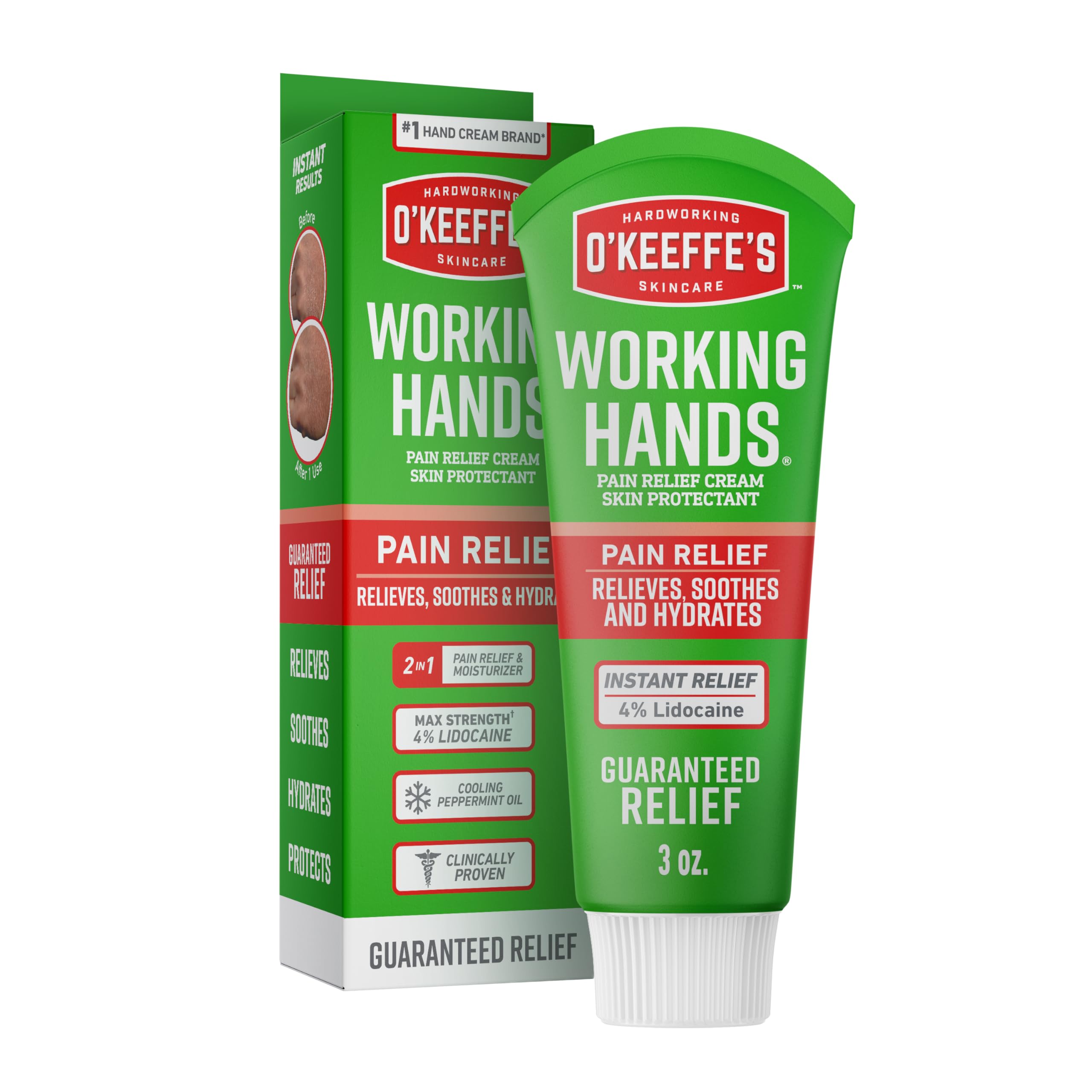 O'Keeffe's Working Hands Pain Relief Cream, 4% Lidocaine, 3oz Tube