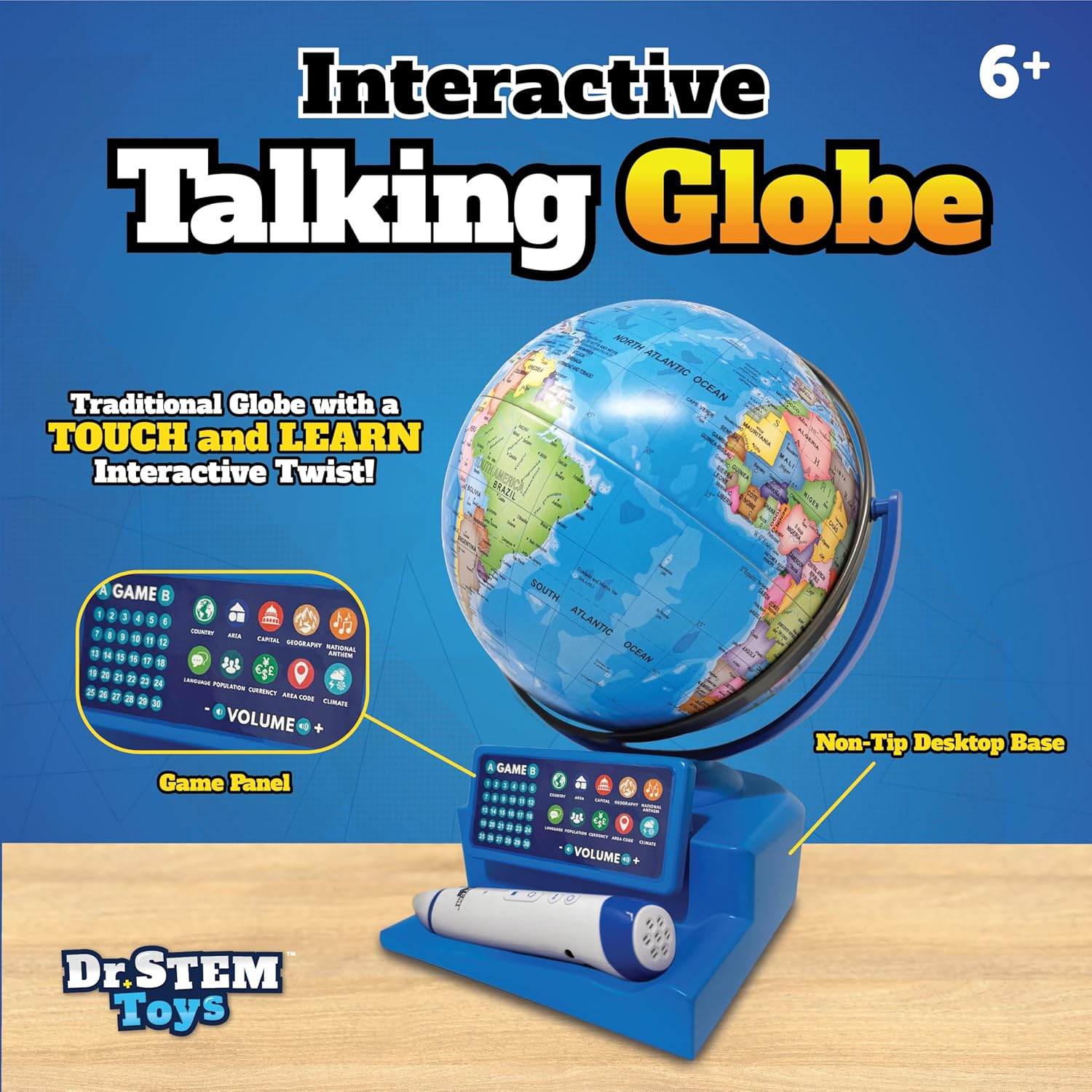 Dr. STEM Toys interactive talking globe with smart pen and game panel, educational globe for learning geography and world facts.