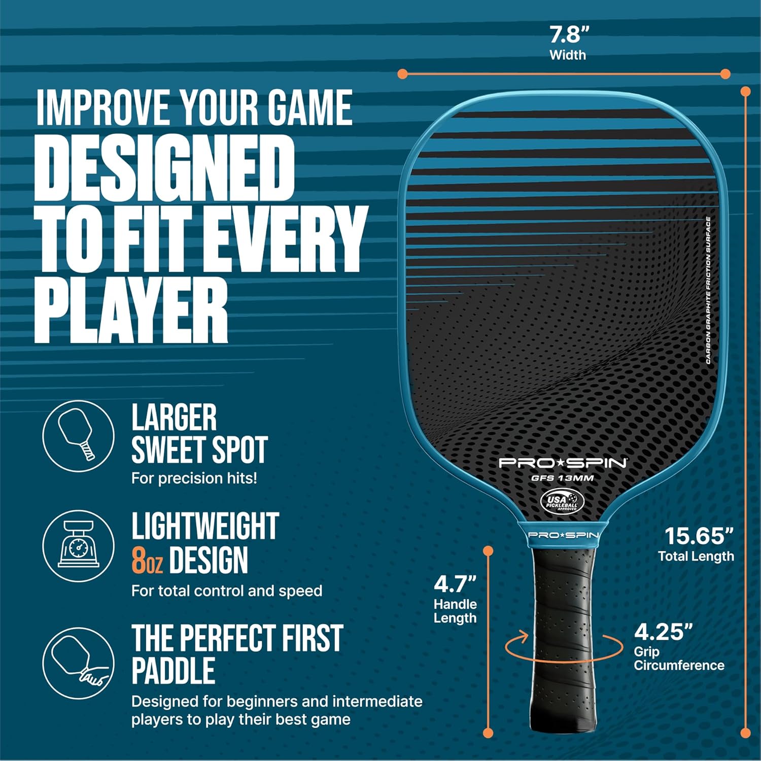 Set of two PRO-SPIN lightweight carbon fiber pickleball paddles with ergonomic handles on a playing surface.