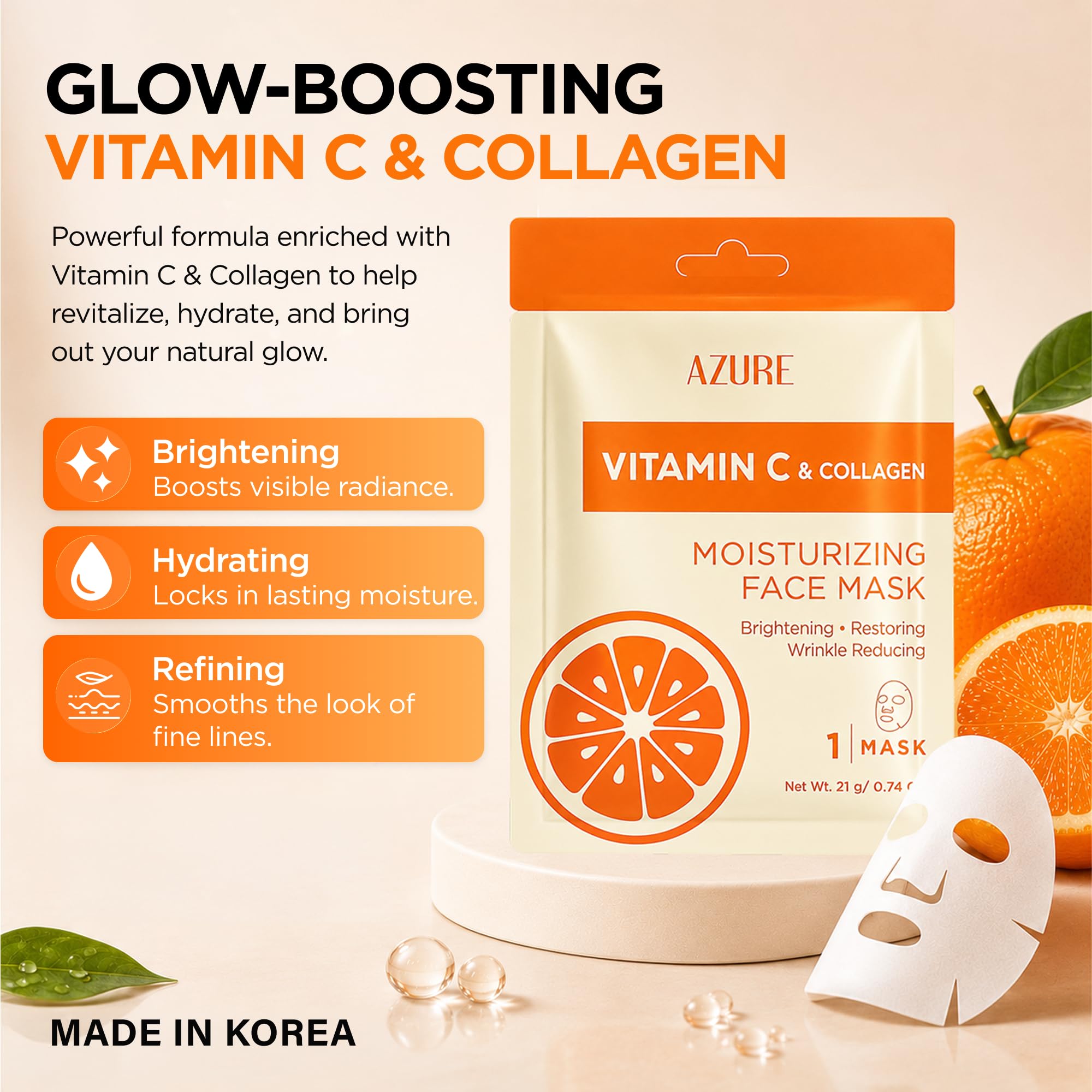Vitamin C &amp; Collagen Korean Sheet Masks, Dermatologist Tested - Azure Cosmetics