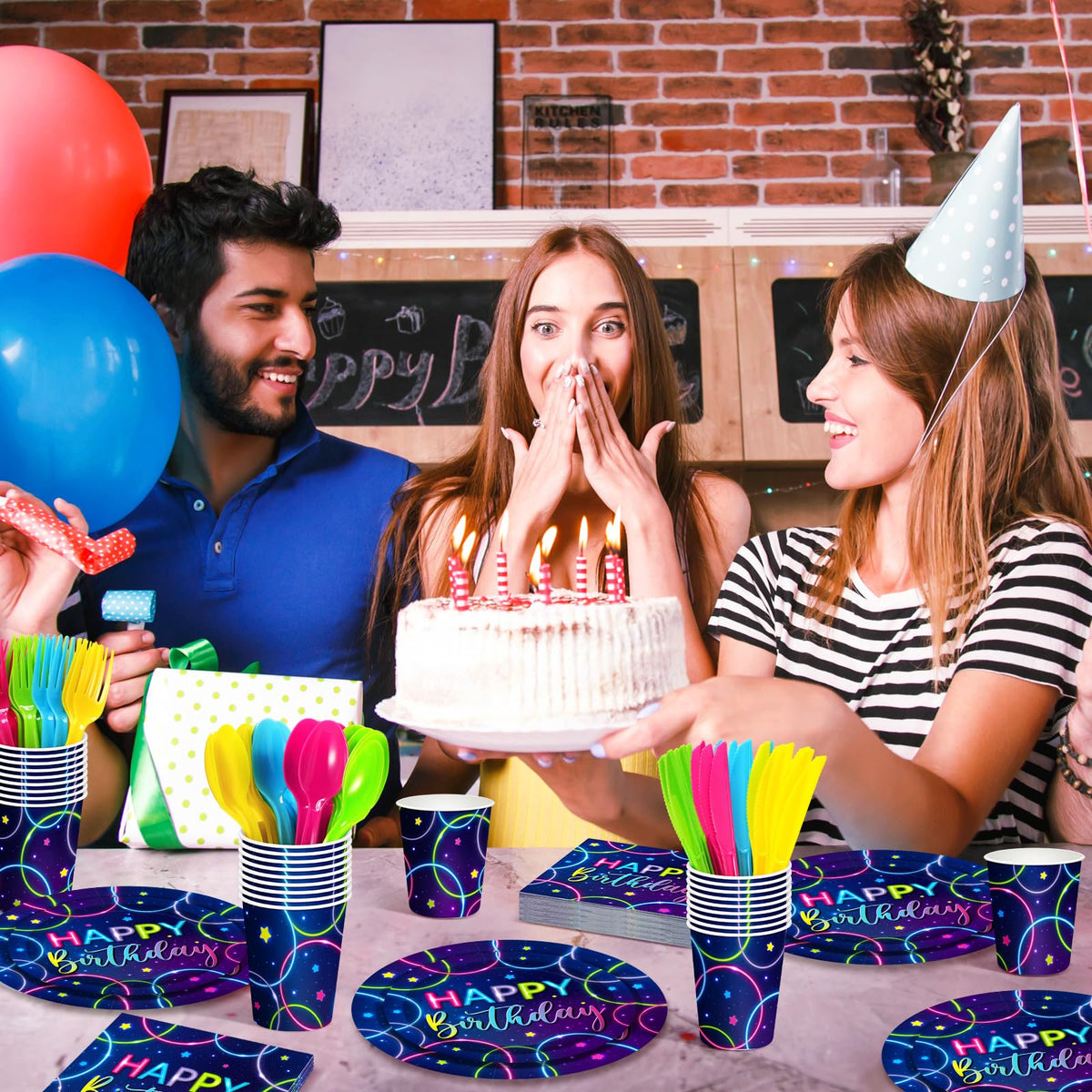 Meanplan 168 Pcs Neon Glow Birthday Party Tableware Set for - Meanplan Official Imagery - 7