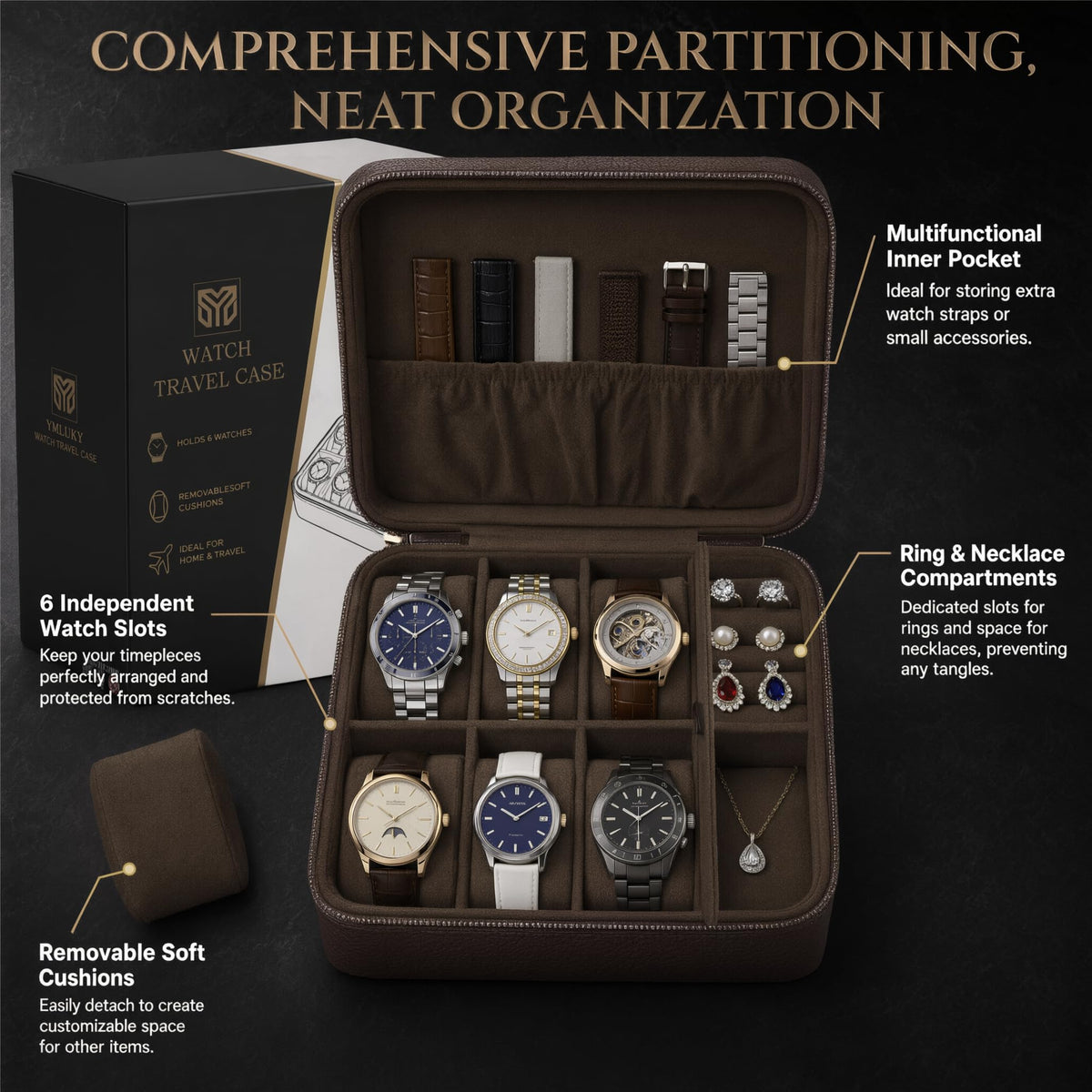 Watch Travel Case Holds 6 Watches Premium Dark Brown Leather - YMluky Official Imagery - 6