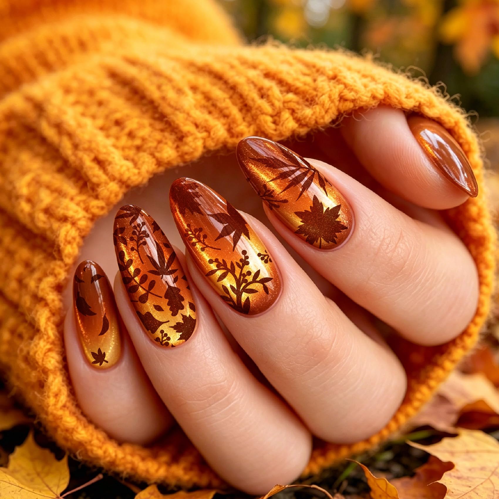 Arbuya Fall Nail Stamping Plates Set of 3 - Pumpkin, Mushroom, Maple, Ginkgo, Oak Leaves & Checkered Backgrounds for Autumn Nail Art for DIY Nail Art Manicure Salon Supply