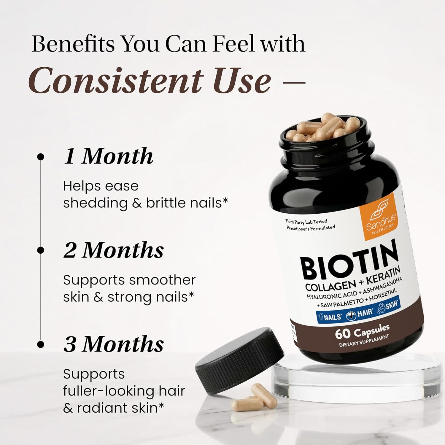 Sandhu's Biotin, Collagen & Keratin supplement bottle for supporting normal hair growth, with the product label visible.