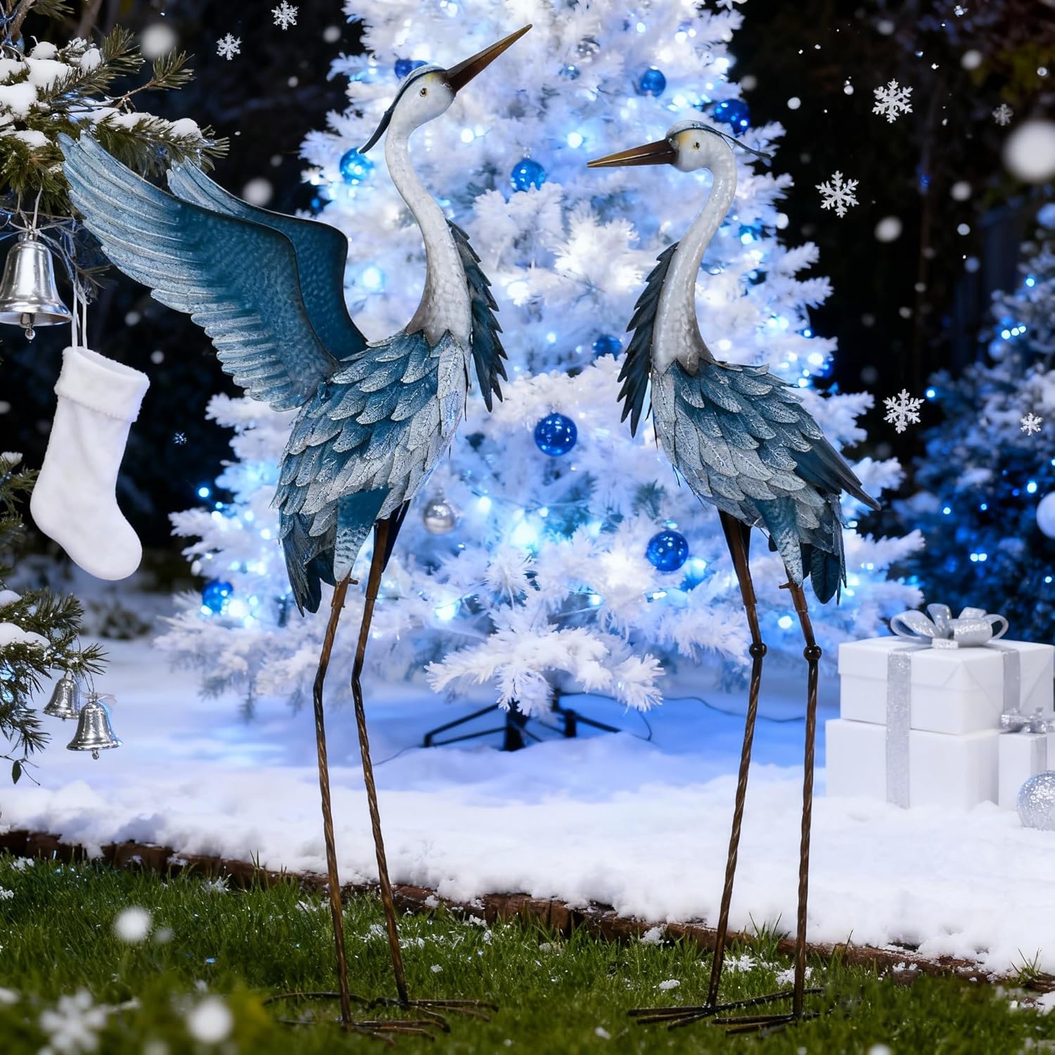 Set of two TERESA'S COLLECTIONS heron garden decor statues with elegant bird designs for yard or garden decoration.