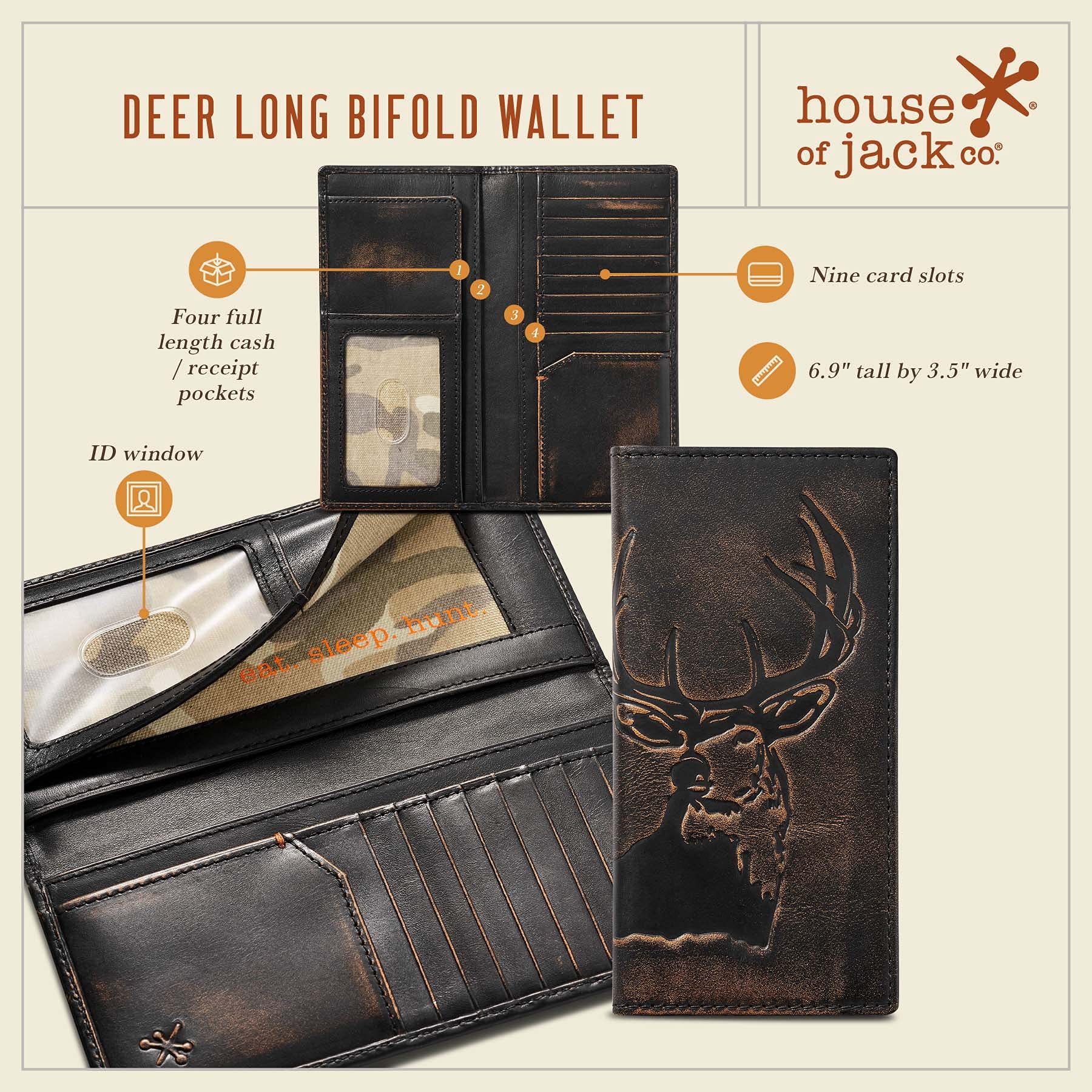 House of Jack Co. Deer Long Bifold Rodeo Wallet, Hunting Wallet, Black