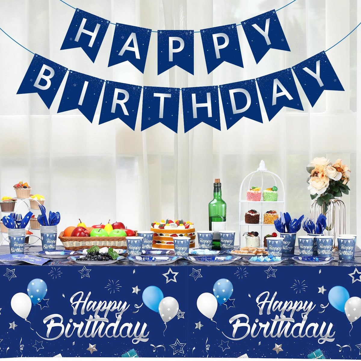 Blue and Silver Birthday Party Set Plates Napkins Cups for - Pajean Official Imagery - 8