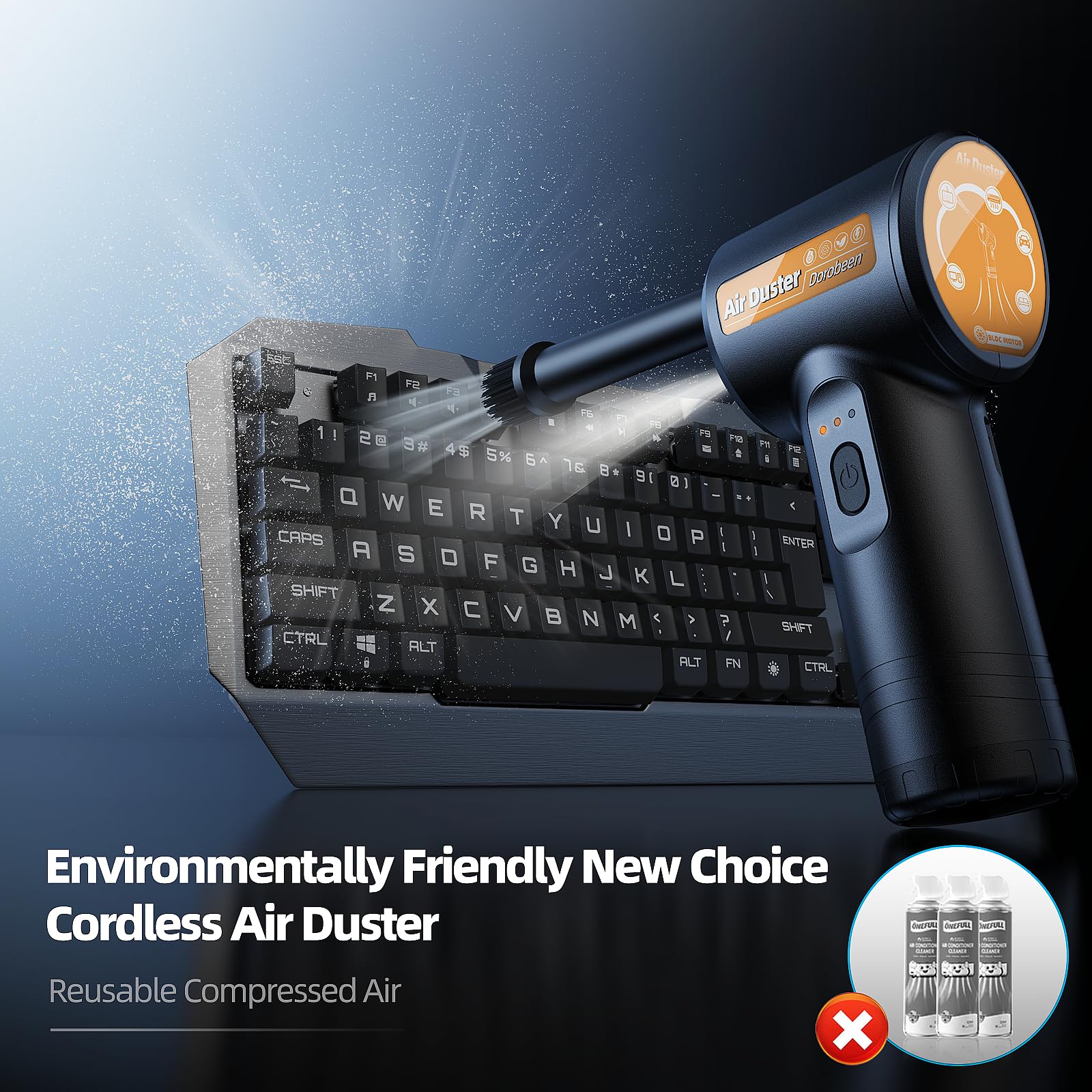 Dorobeen rechargeable electric air duster with LED light, black, compact PC keyboard cleaner with accessories and powerful blower.
