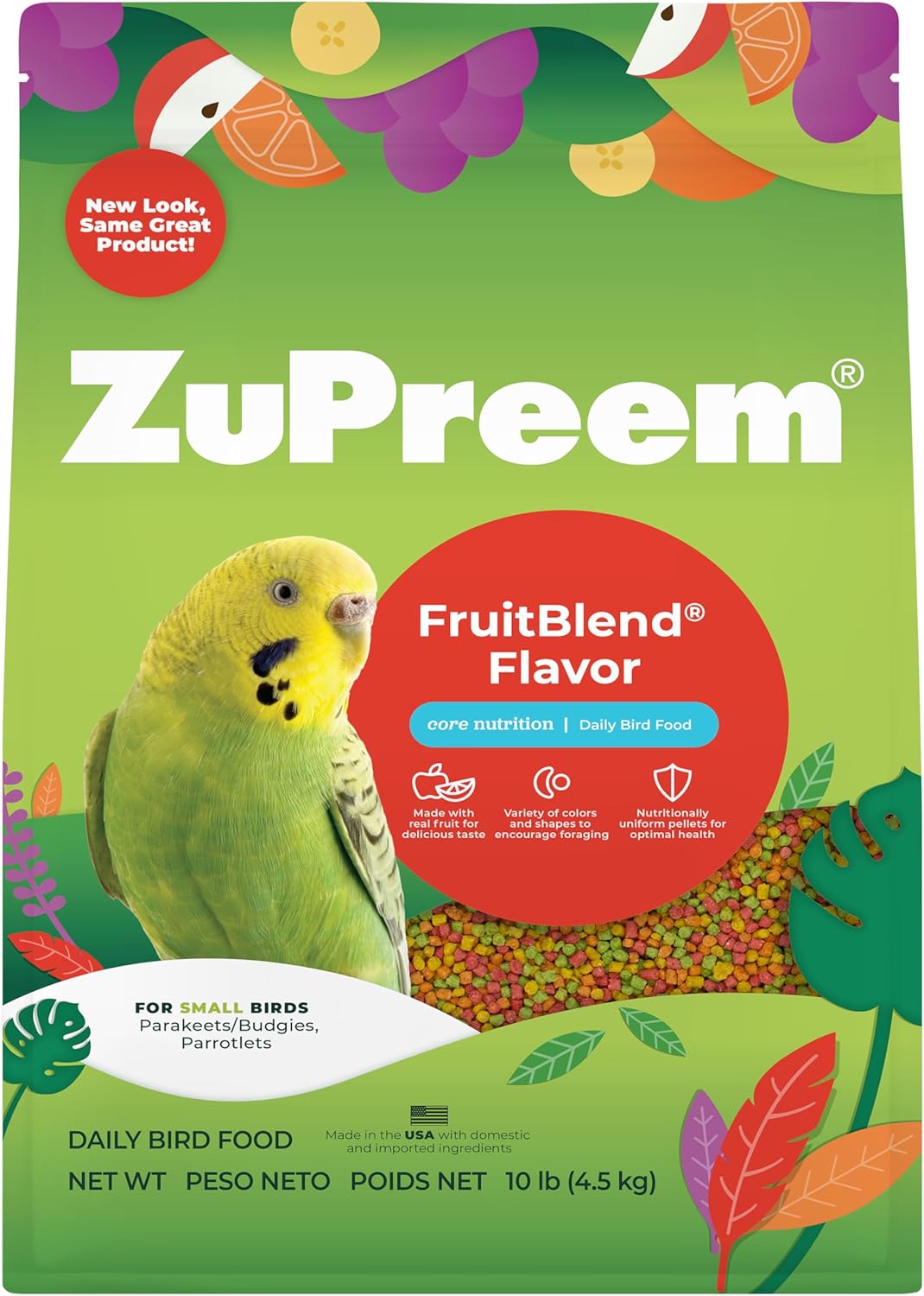 ZuPreem FruitBlend bird pellets in a bowl, daily bird food for parakeets, budgies, and parrotlets, with colorful fruit-shaped pieces.