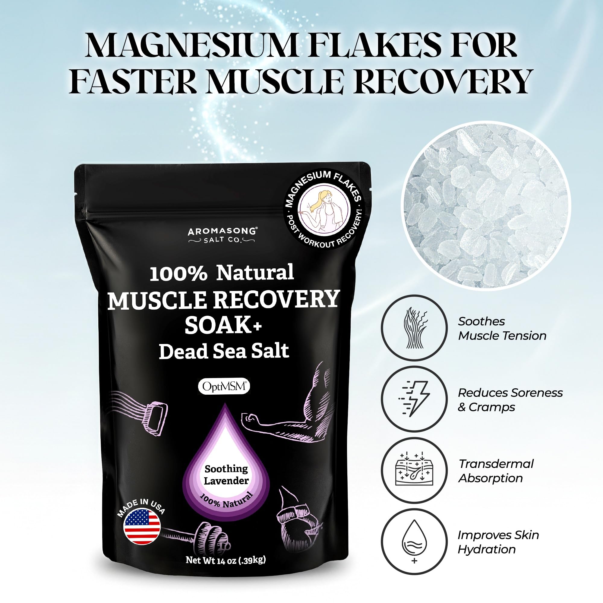 Aromasong Muscle Recovery Bath Soak for Muscle | Sore Muscle Soak with Dead Sea Salt, OptiMSM, Magnesium Flakes & Essential Oils | 3 Lb. - Made in USA.