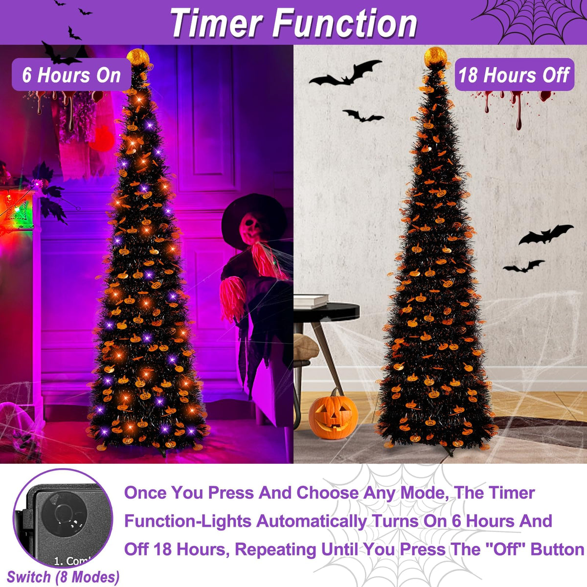 TURNMEON 5Ft Black Tinsel Halloween Tree with Lights - TURNMEON Official Imagery - 6