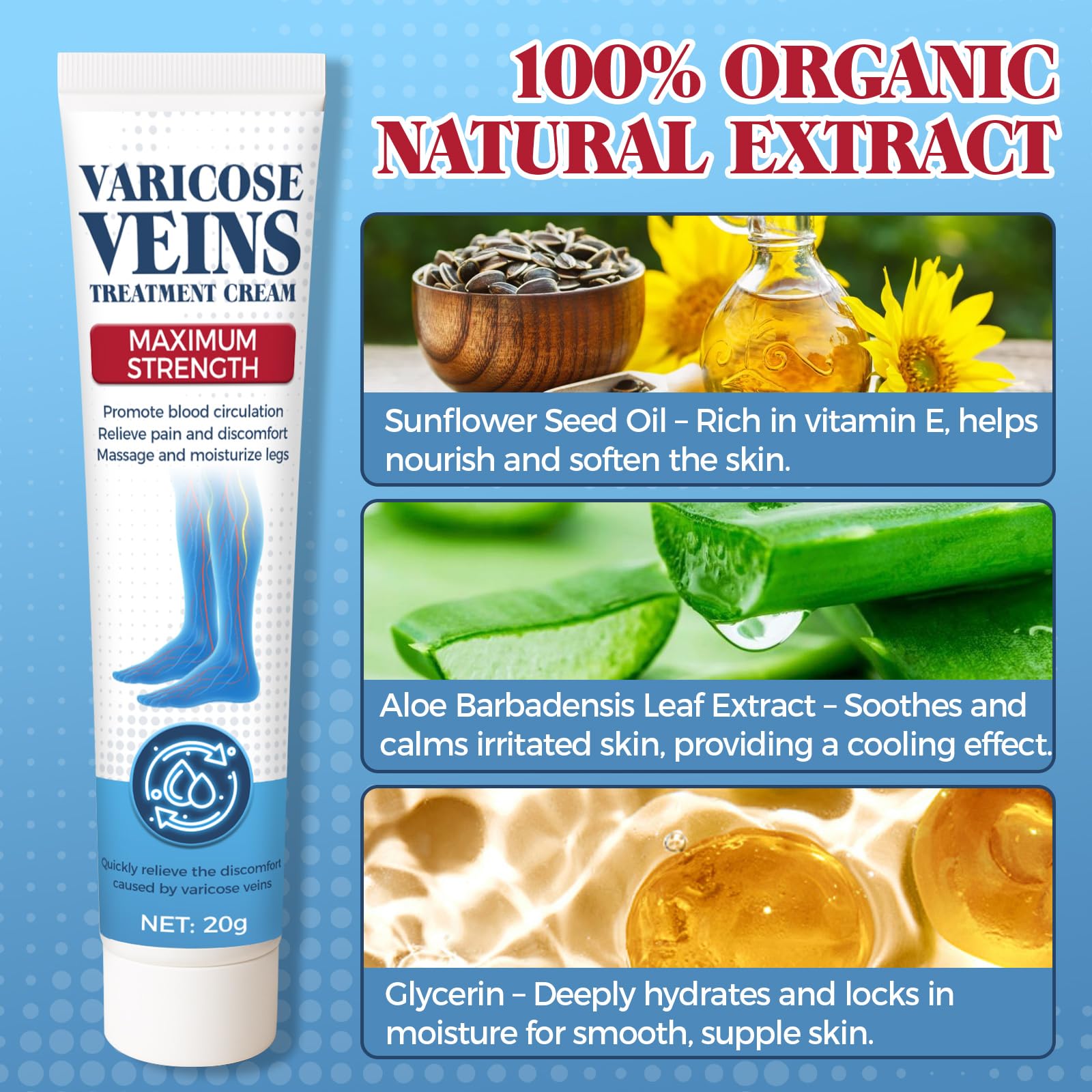 Bellisinno varicose veins and spider veins cream in a jar, smooth skin moisturizer for legs with natural ingredients.