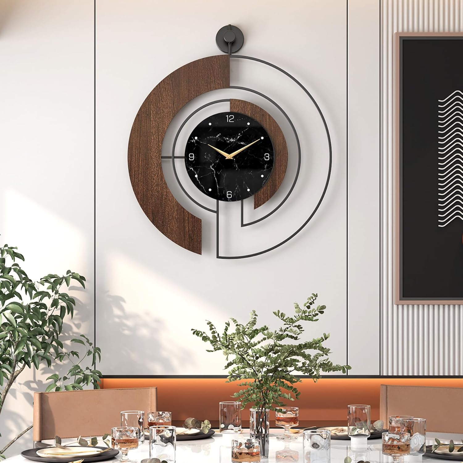 Modern walnut and marble dial wall clock by VIVIFLYSE with a large wood and metal frame, featuring a silent movement.