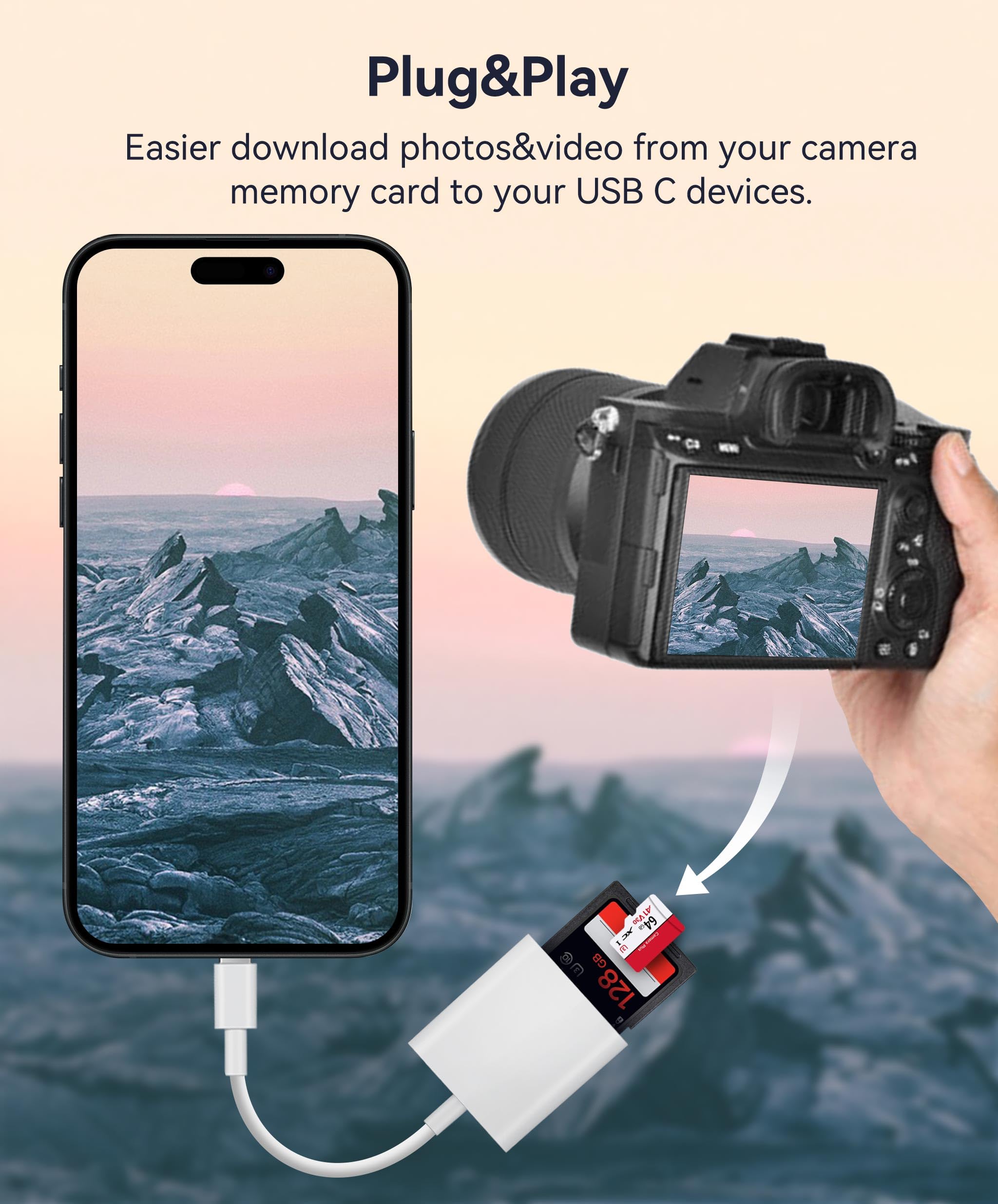 WNXSLOAD USB C SD card reader with dual SD and MicroSD slots, compatible with iPhone, iPad, MacBook, and laptops.